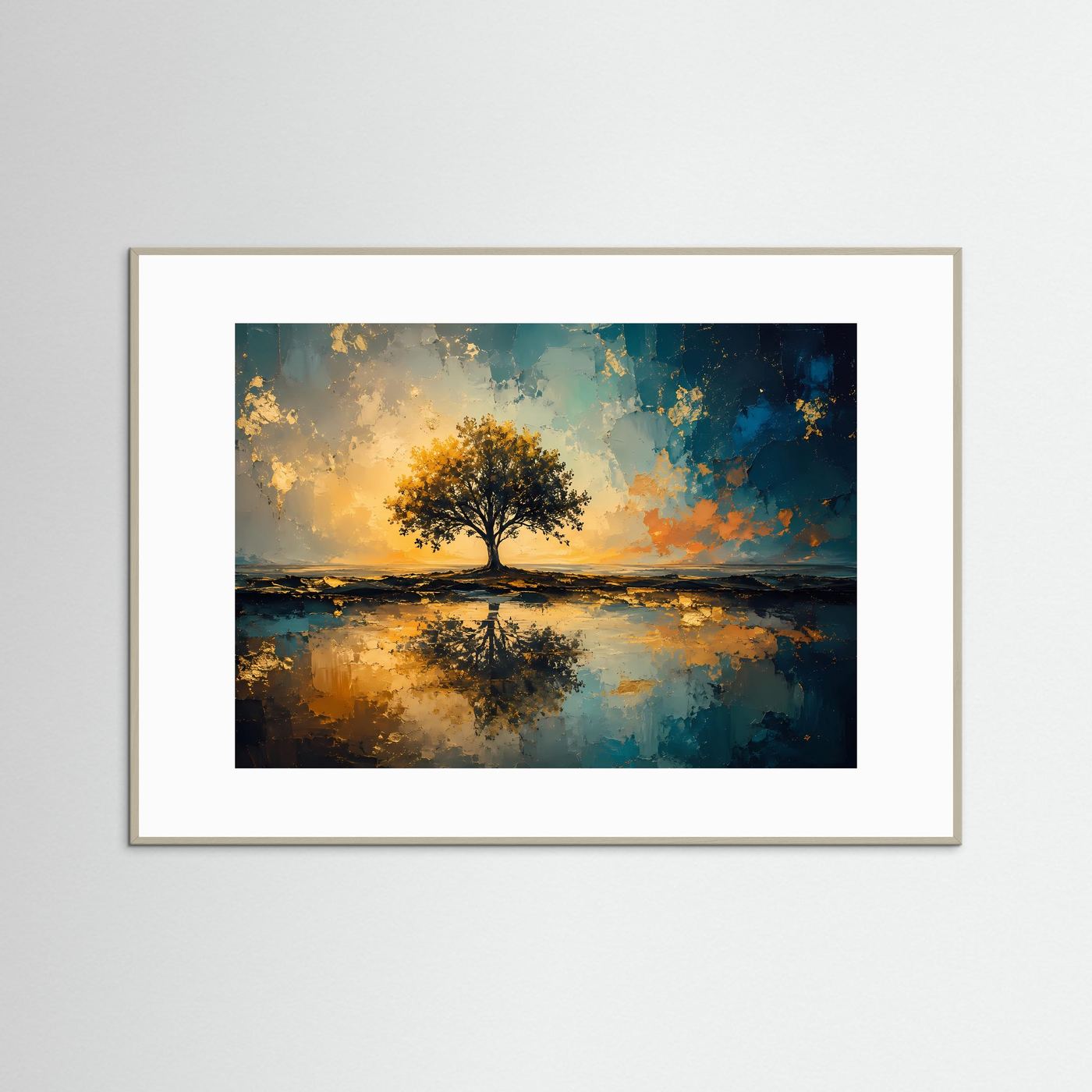 Baum des Lebens im goldenen Licht | Abstrakte Naturkunst in Petrol & Gold