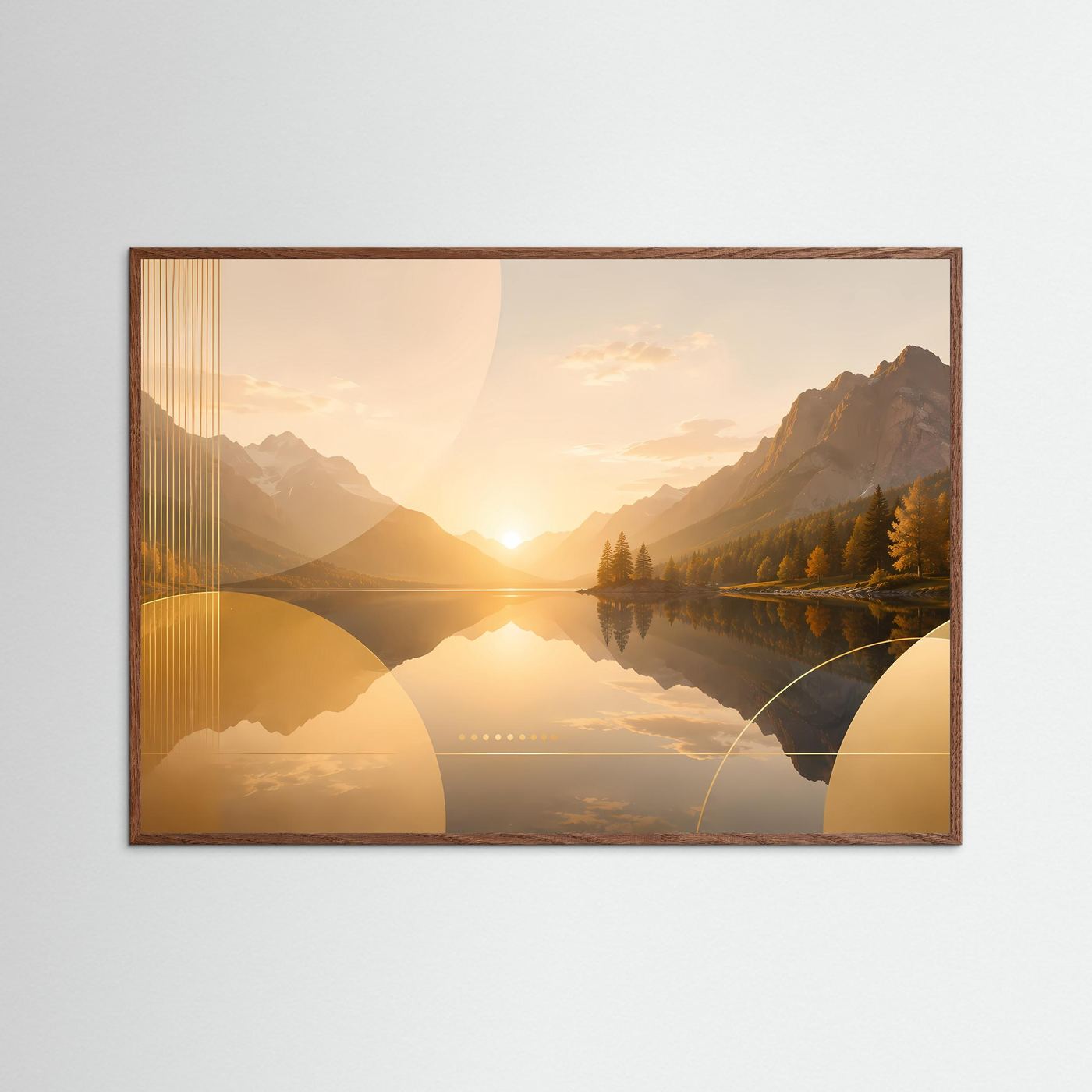 Bergsee Poster Querformat | Goldene Berglandschaft bei Sonnenuntergang | Elegantes Natur Wandbild mit See, Bergen & Herbstwald