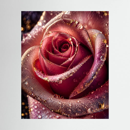 Poster mit dunkelrosa Rose, Wassertropfen und goldenen Akzenten, Nahaufnahme