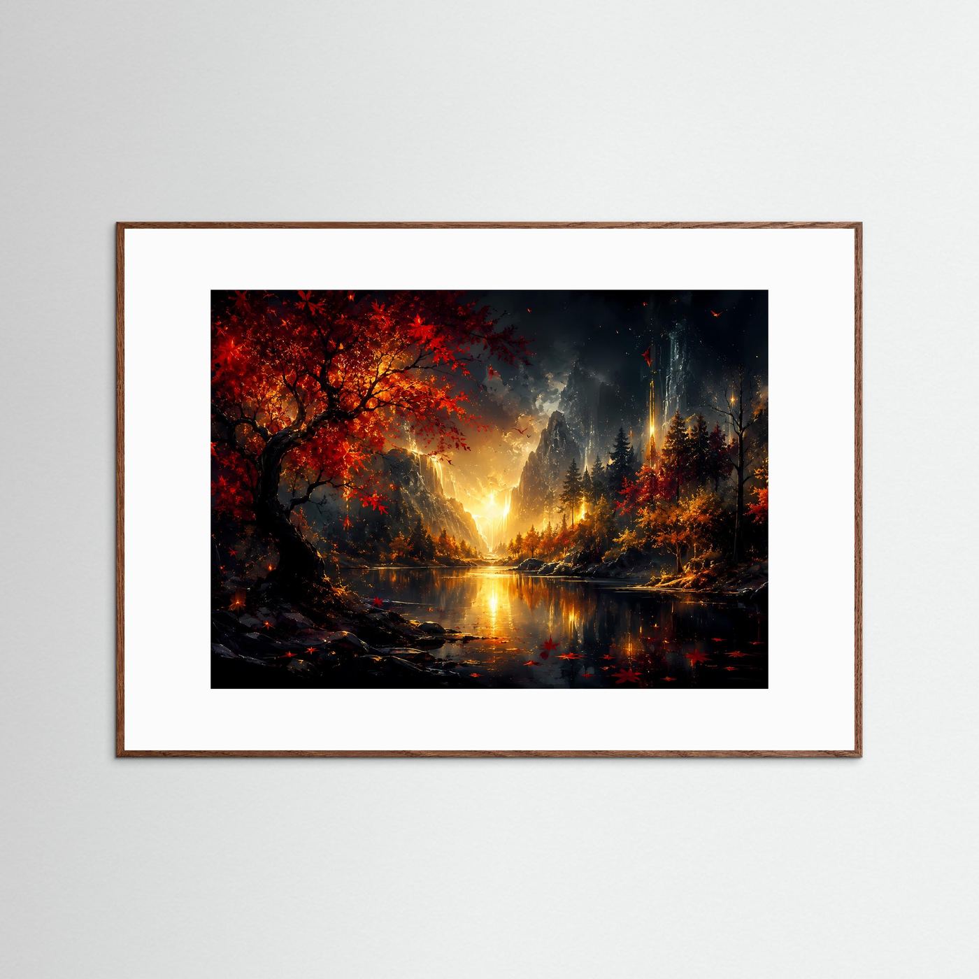 Magischer Herbstwald mit Wasserfall | Goldene Landschaft in Rot & Schwarz