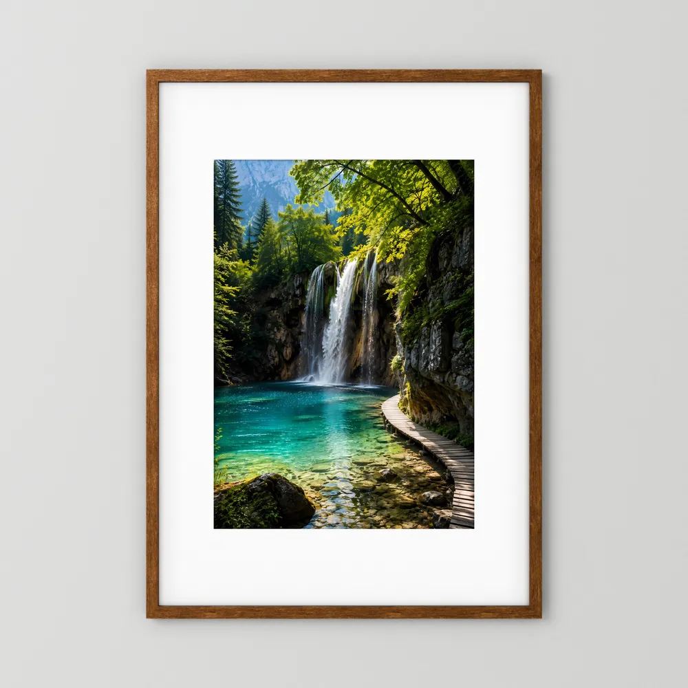 Hochformat-Poster mit Wasserfall, türkisfarbenem See und Holzsteg, brauner Rahmen