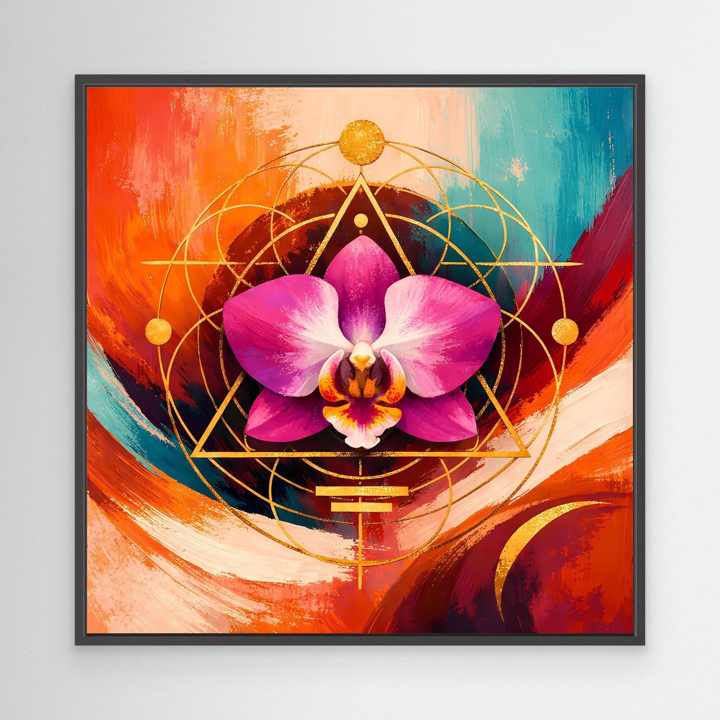 Leinwandbild mit pinker Orchidee und goldener Geometrie, mit schwarzem Rahmen