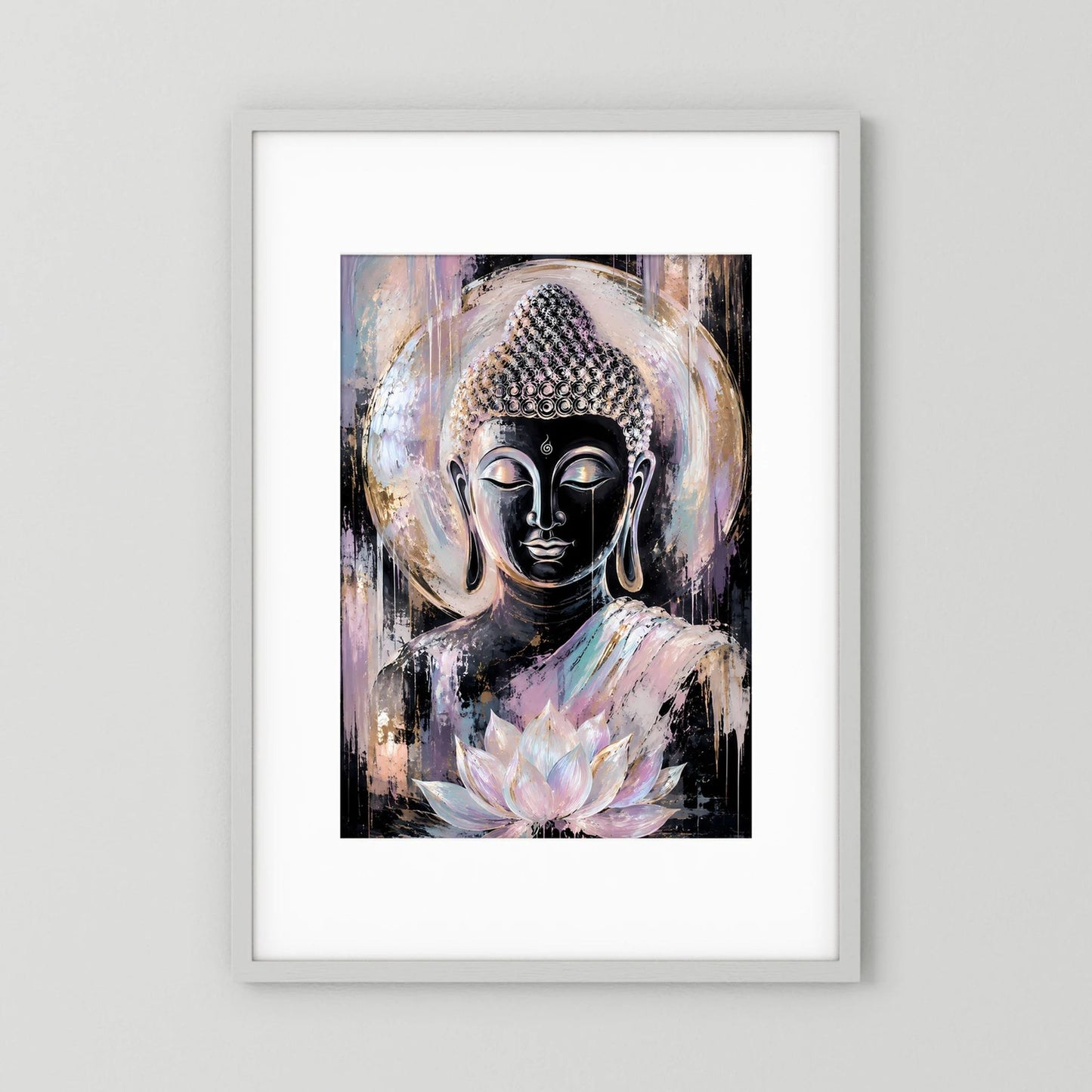 Hochformatiges Poster mit Buddha-Gesicht in Pastellfarben und Lotusblüte, gerahmt