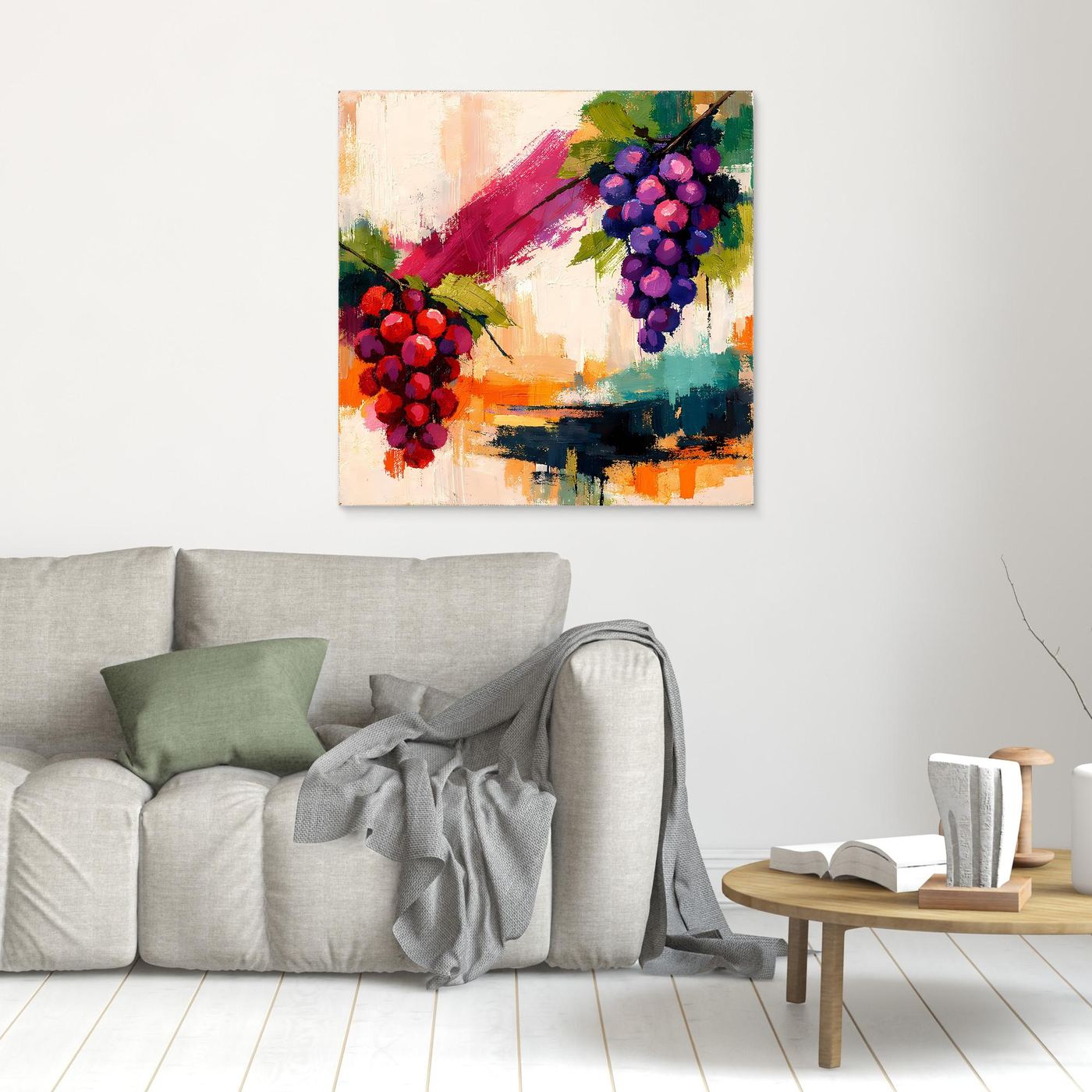 Framed canvas wall art with abstract red and purple grape clusters, wood frame