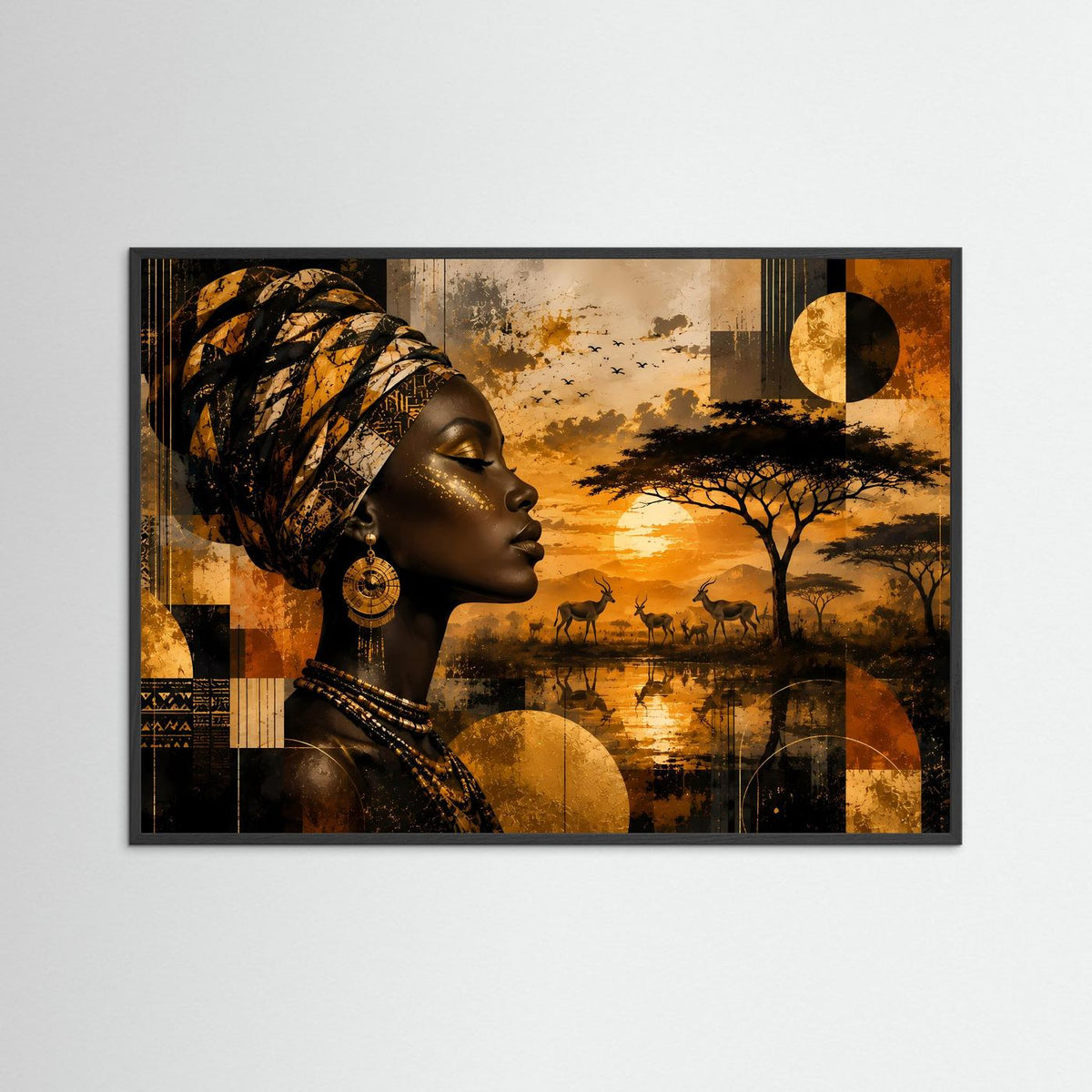 Gerahmtes Wandbild im Querformat: Porträt afrikanische Frau mit goldenem Gesicht, Kopftuch und Ohrringen.
