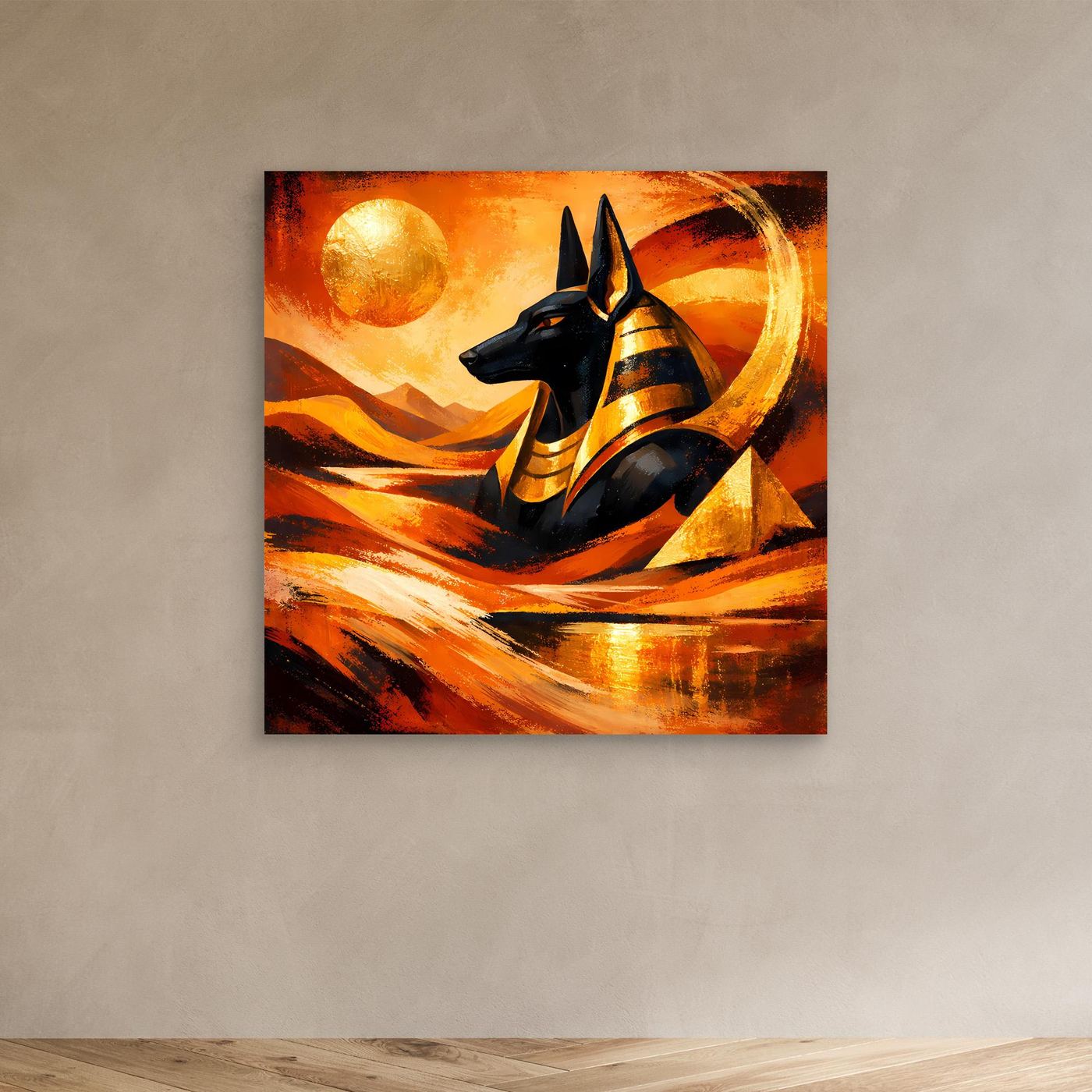 Leinwandbild mit schwarzem Anubis auf abstrakter Wüstenlandschaft, Gold und Orange