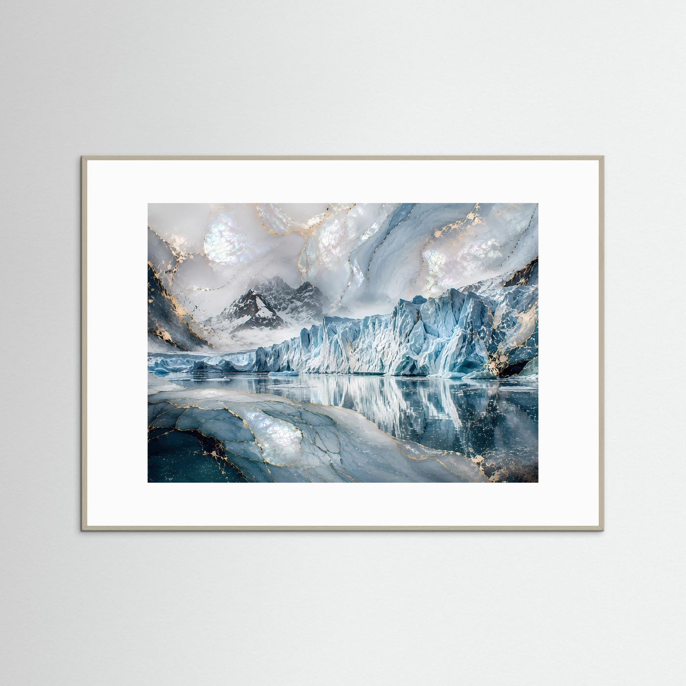 Poster mit Gletscherlandschaft im Querformat, Rahmen in Hellgrau/Beige