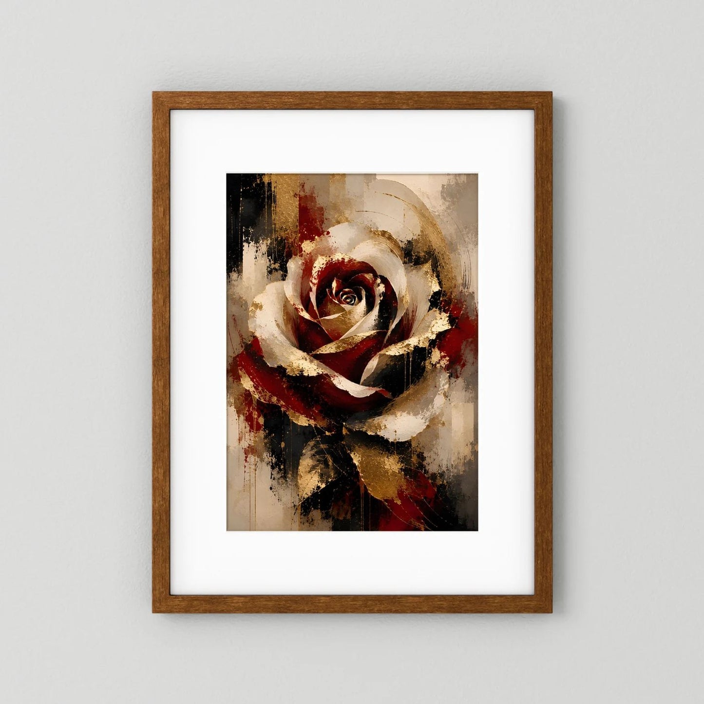 Poster im Hochformat mit abstrakter Rose in Rot, Gold und Schwarz, braun gerahmt