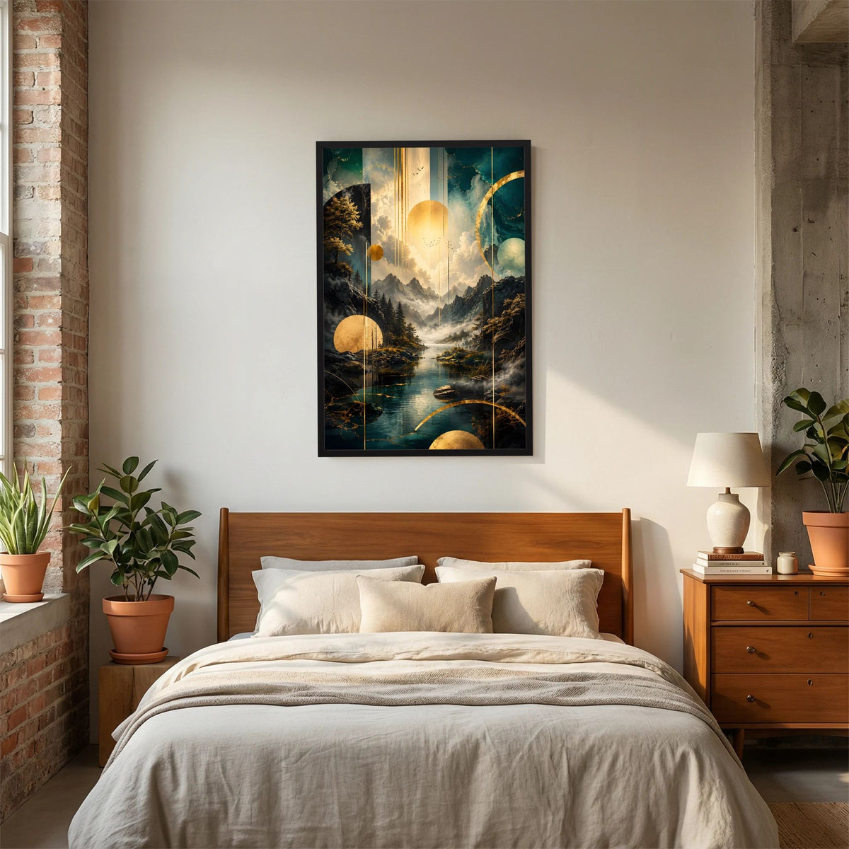 Poster im Hochformat mit schwarzem Rahmen, mystische Berglandschaft in Petrol und Gold.
