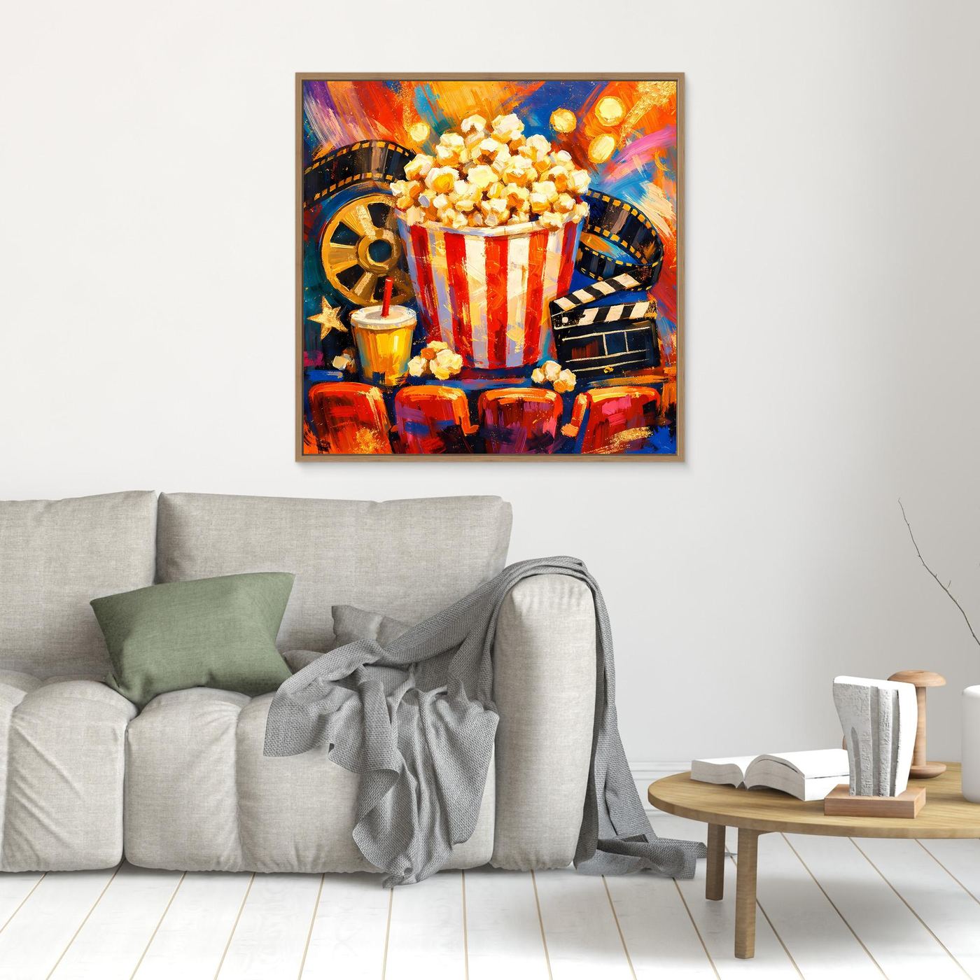 Gerahmtes Leinwandbild mit Popcorn-Eimer und Filmstreifen