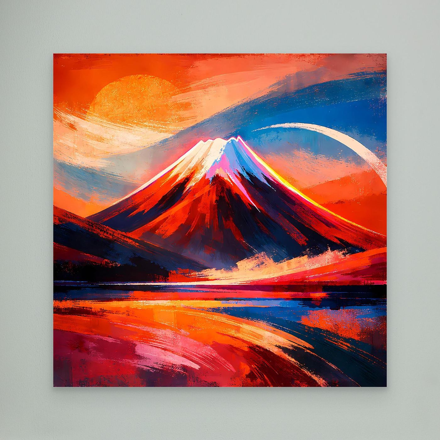 Abstraktes Leinwandbild mit Bergmotiv, Sonnenuntergangsfarben in Rot und Blau, ohne Rahmen