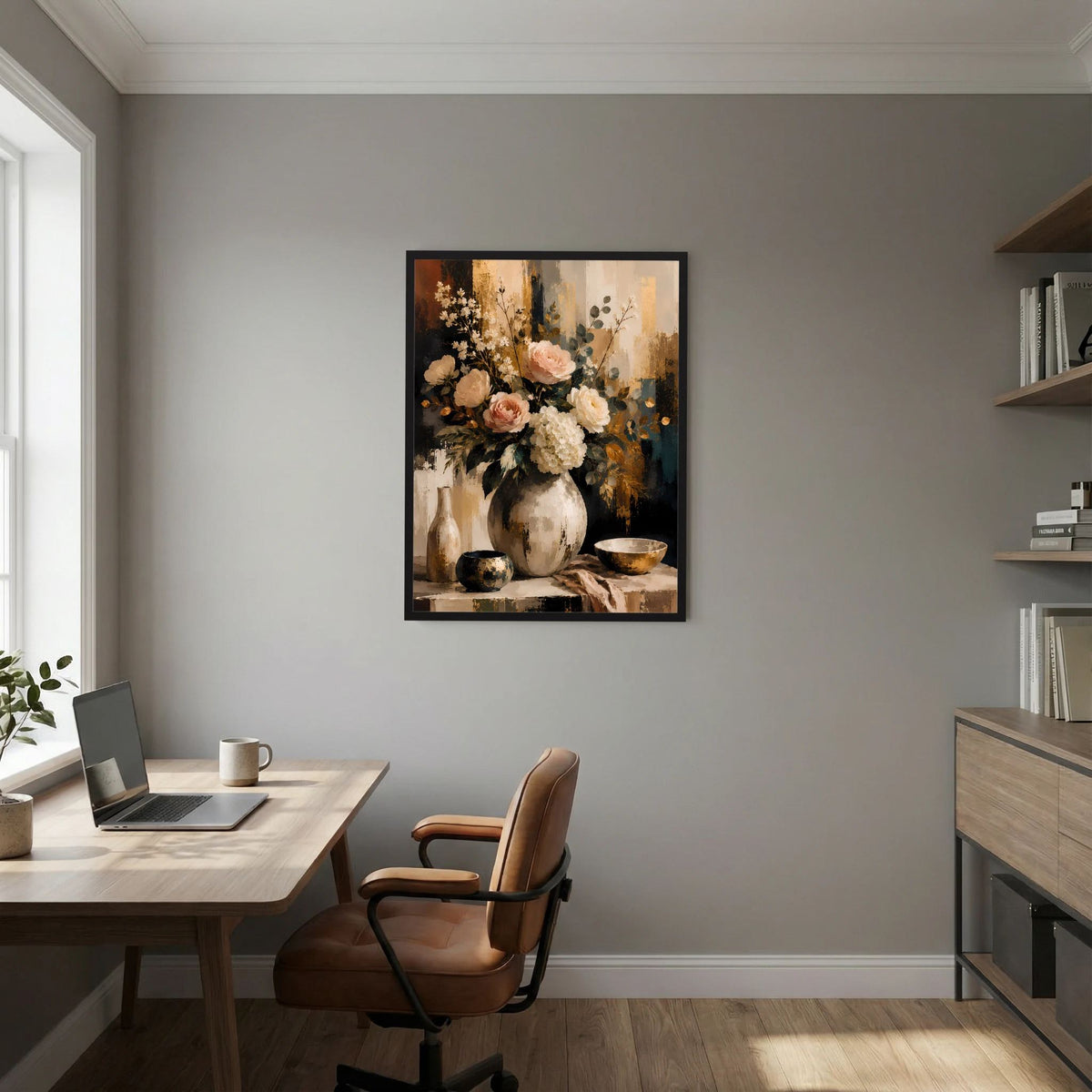 Blumenstillleben-Poster mit Blumen in Vase, schwarzer Rahmen