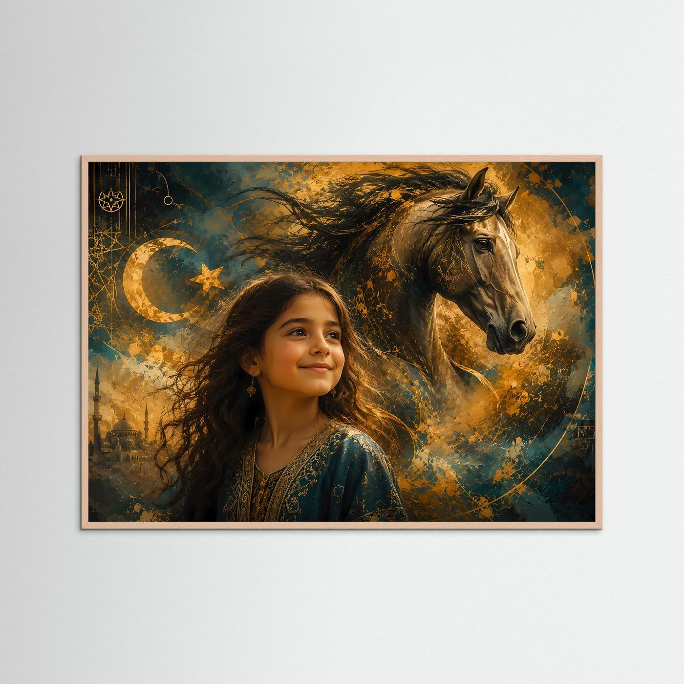 Türkisches Mädchen mit Pferd | Mystische Wandkunst in Gold & Petrol