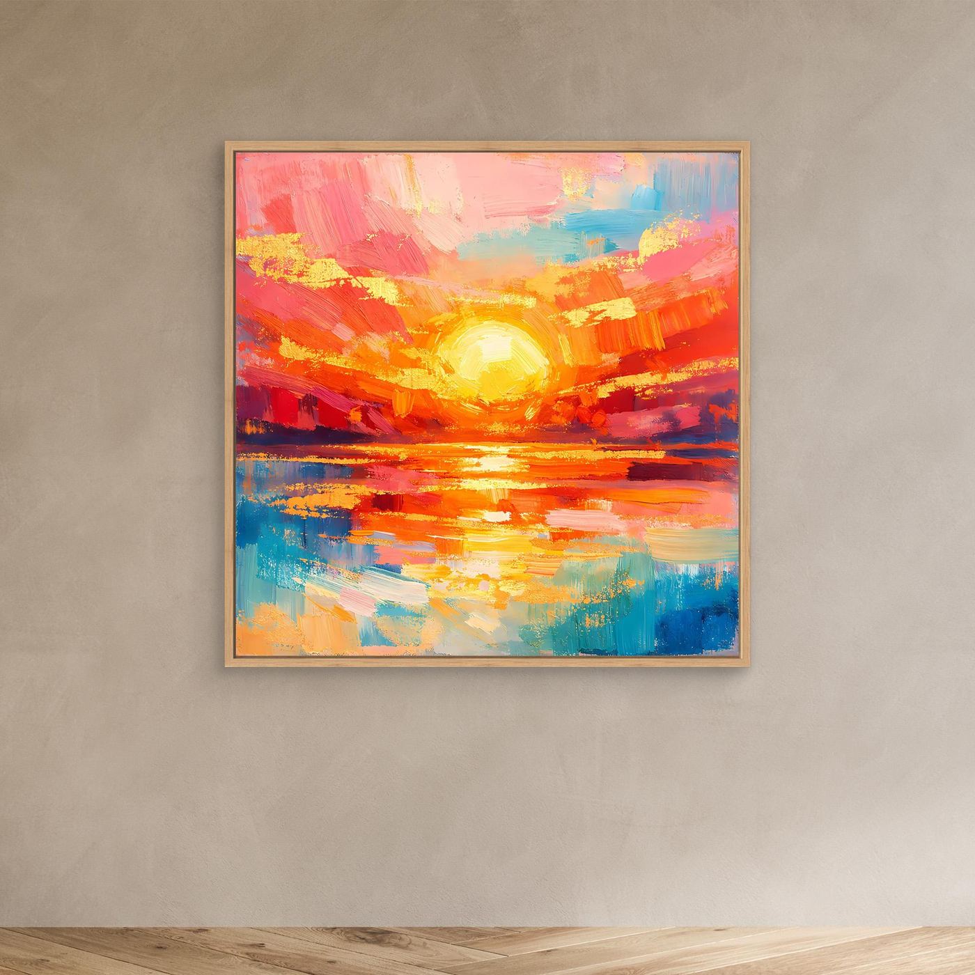 Leinwandbild abstraktes Meer mit aufgehender Sonne, Eichenrahmen, Farbflecken in Blau/Orange