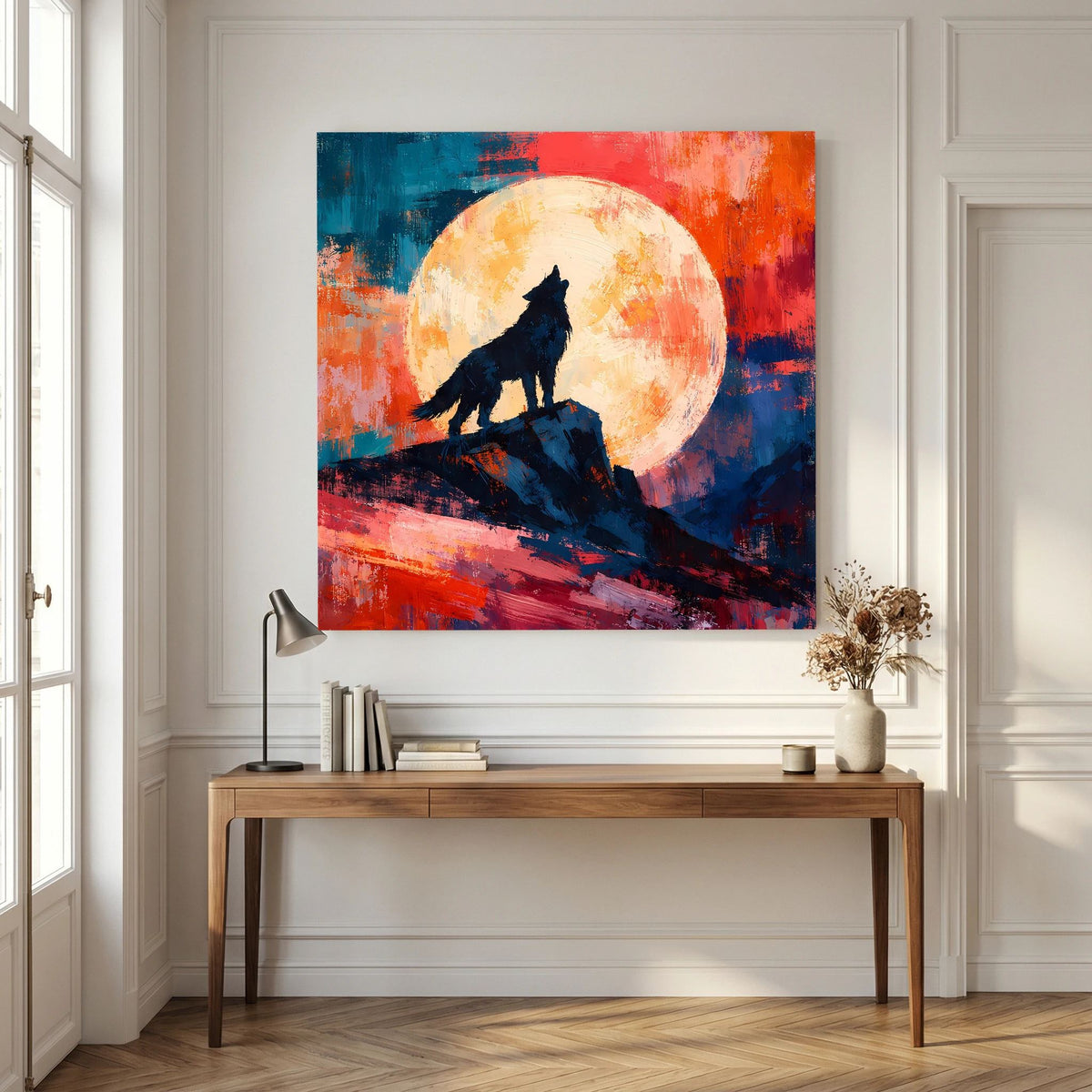Leinwand Abstraktes Wolf Gemälde | Modernes Mystisches Wandbild Heulender Wolf Vollmond