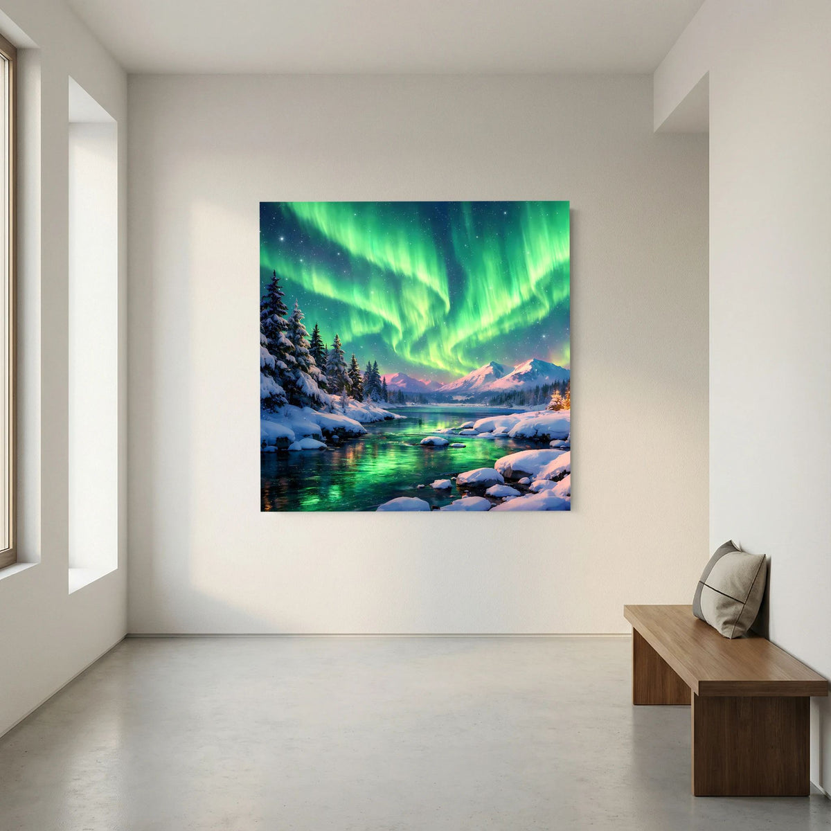 Leinwandbild auf Holzkeilrahmen mit Polarlichtern, verschneiten Bergen und Seeufer