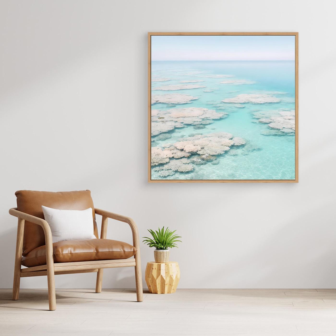 Quadratisches Leinwandbild Korallenmeer in Türkis, goldbrauner Rahmen