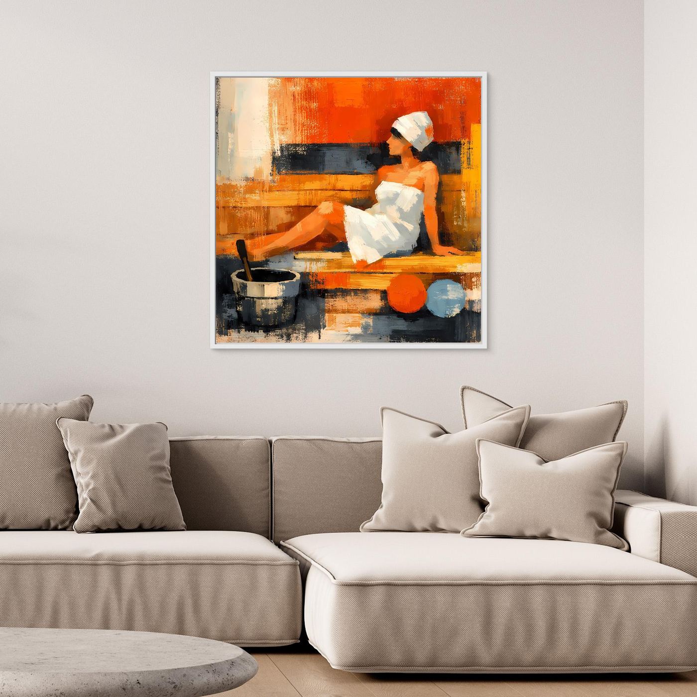 Abstract sauna woman framed canvas wall art with white border, orange and blue figure.