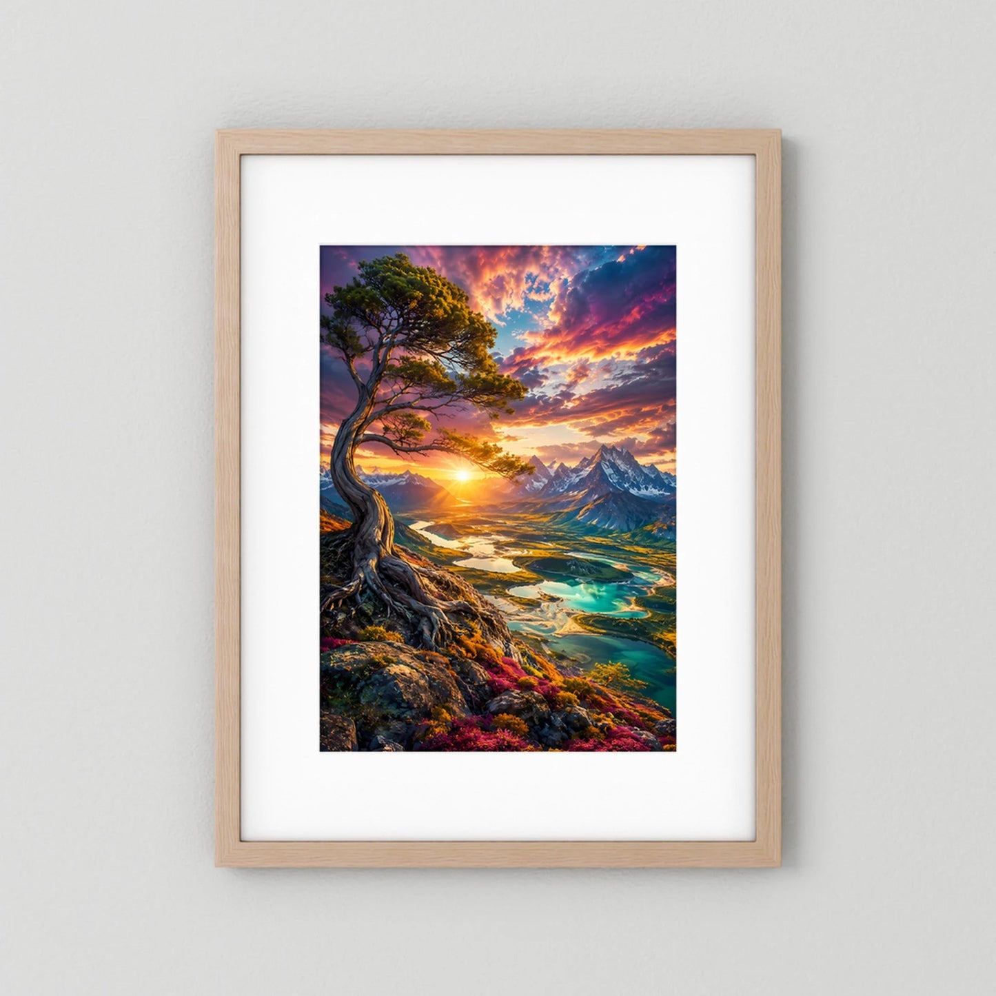 Majestätischer Baum über Bergtal | Leuchtender Sonnenuntergang & türkisfarbene Seen | Poster Hochformat