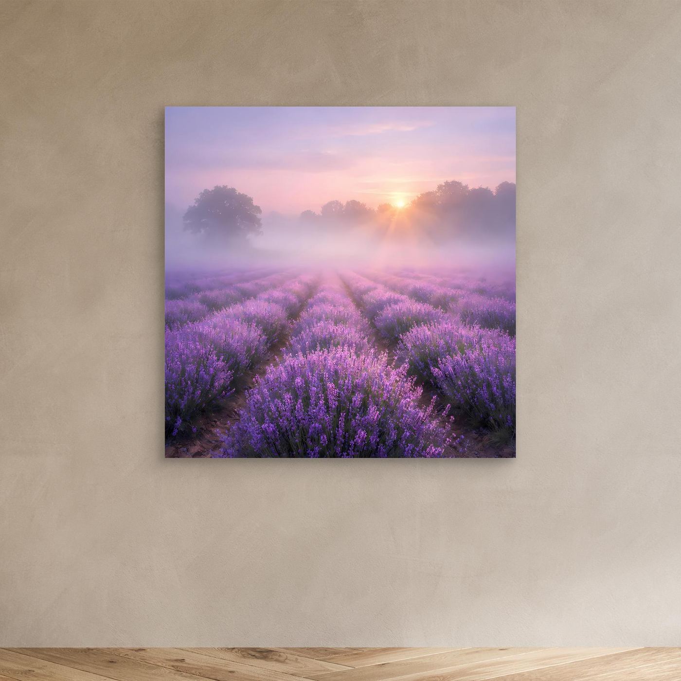 Rechteckiges Leinwandbild mit Lavendelfeld im Nebel und Sonnenaufgang, ohne sichtbaren Rahmen