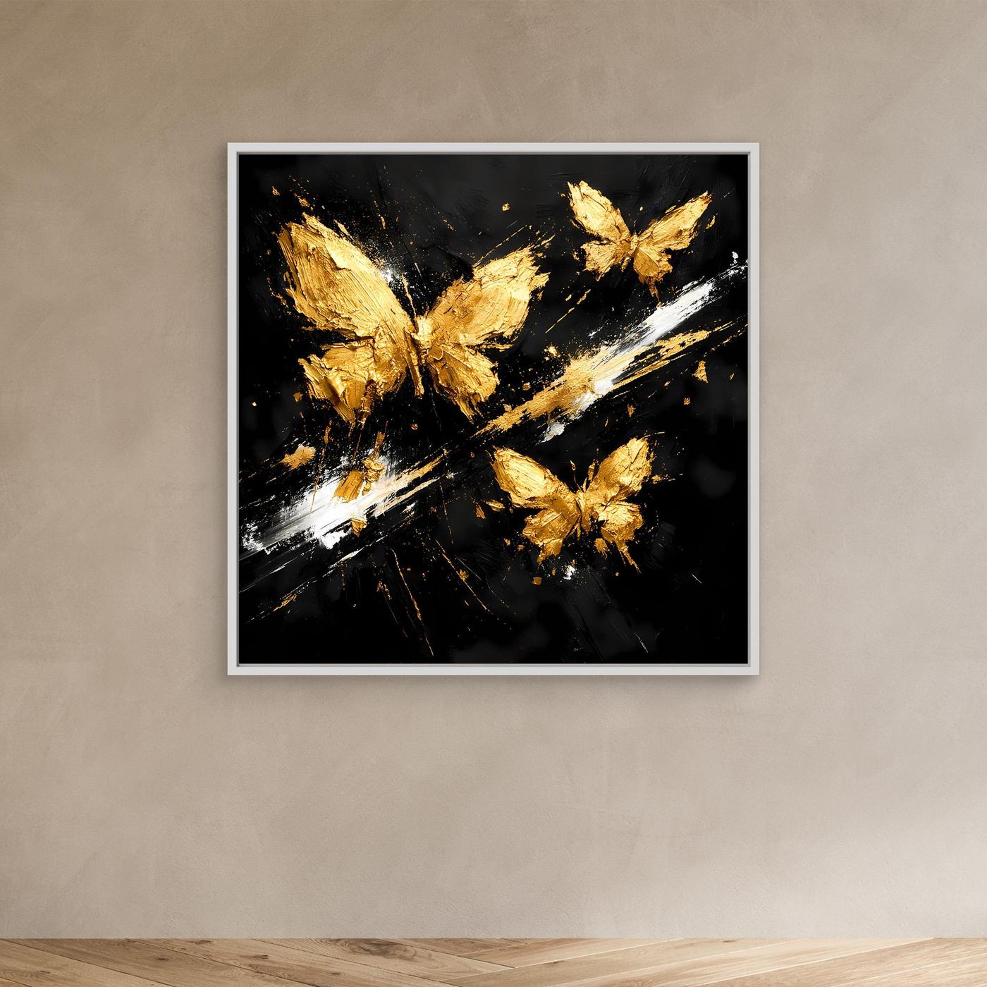 Leinwand Goldene Schmetterlinge im Flug | Abstraktes Modernes Wandbild