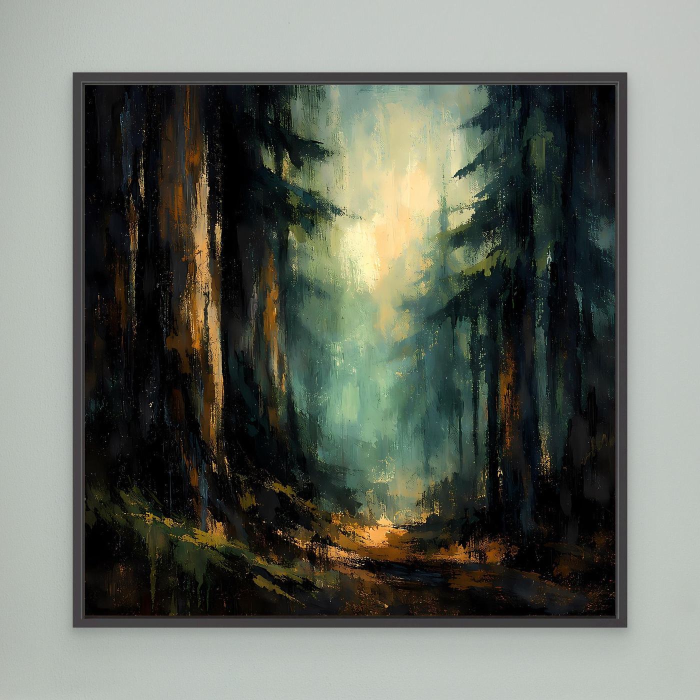 Wandbild: abstrakter Wald mit Licht, goldener Pfad, im schwarzen Rahmen