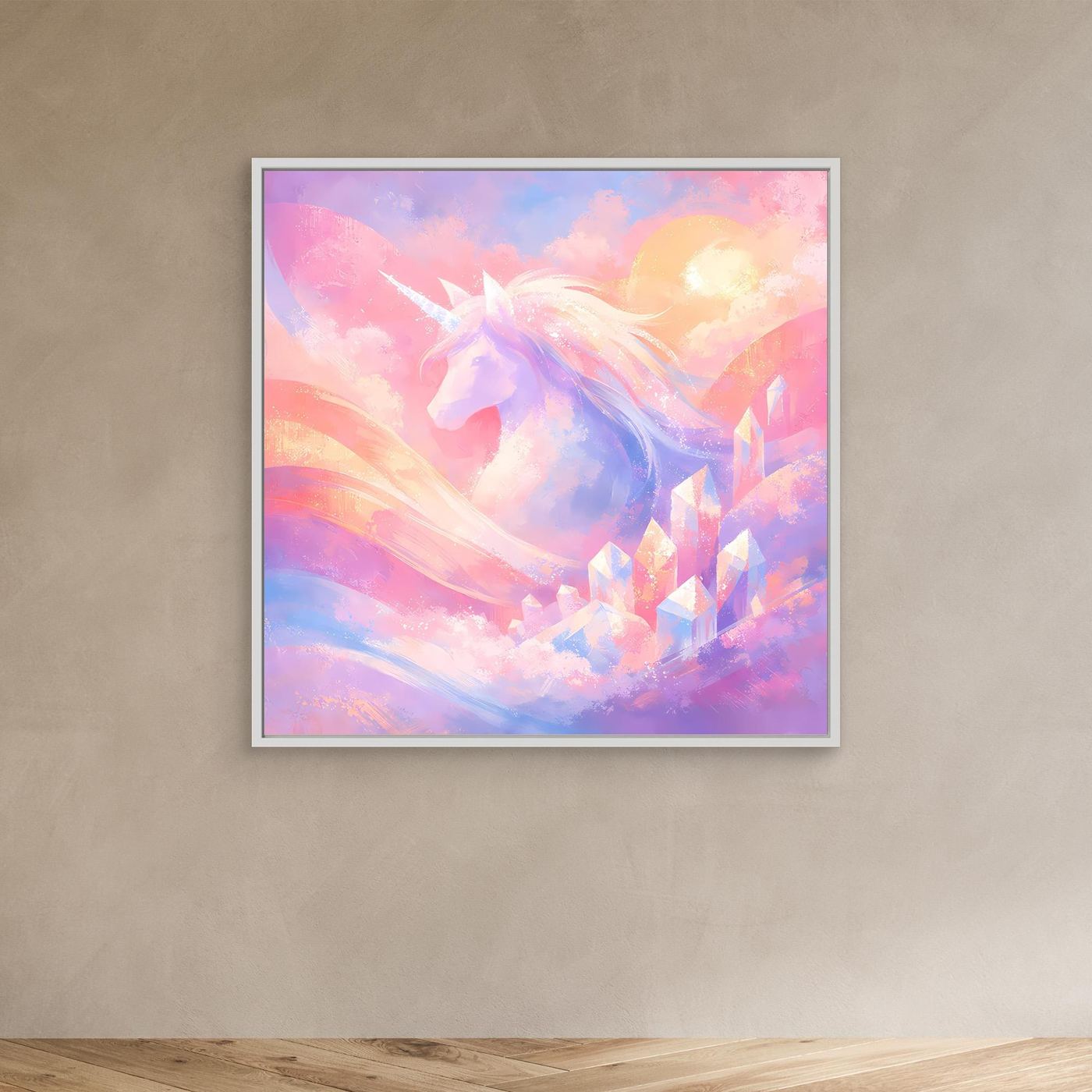 Leinwandbild mit pastellfarbenem Einhorn und Fantasy-Motiv, weißer Rahmen