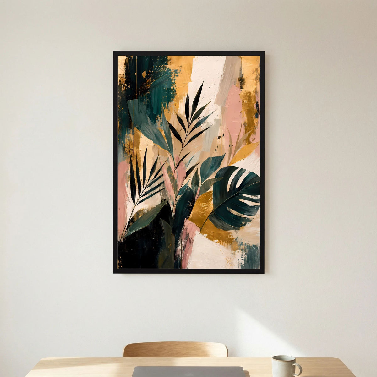 Abstrakte tropische Blätter | Botanische Kunst in Petrol, Rosa und Gold | Poster Hochformat