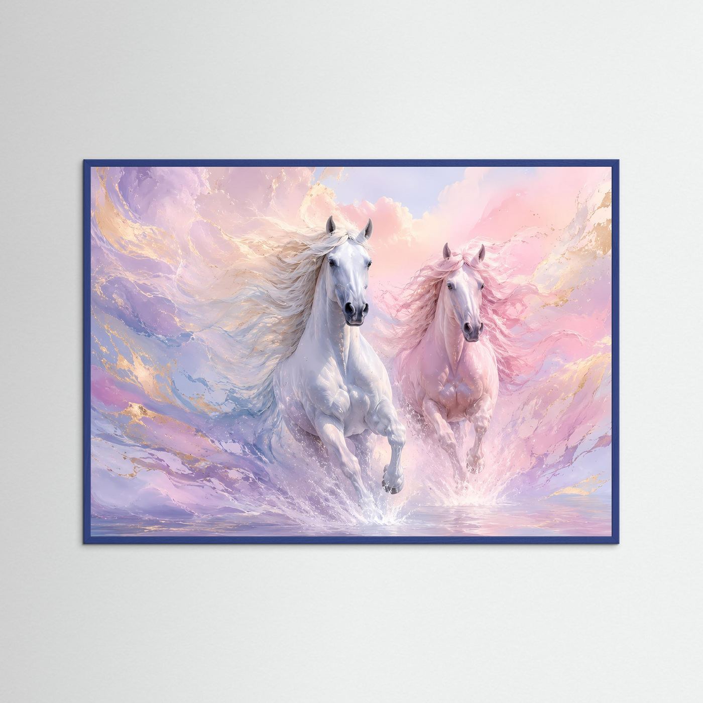 Pferde Poster Querformat | Elegante Weiße Pferde in Pastellfarben | Modernes Wandbild mit Goldakzenten