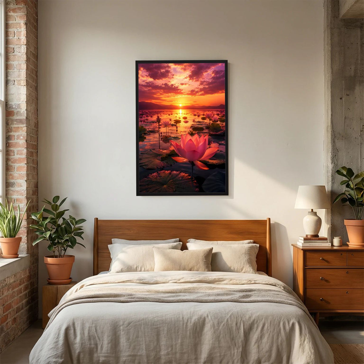 Hochformatiges Wandposter mit roter Lotusblüte und Sonnenuntergang, im schwarzen Rahmen.