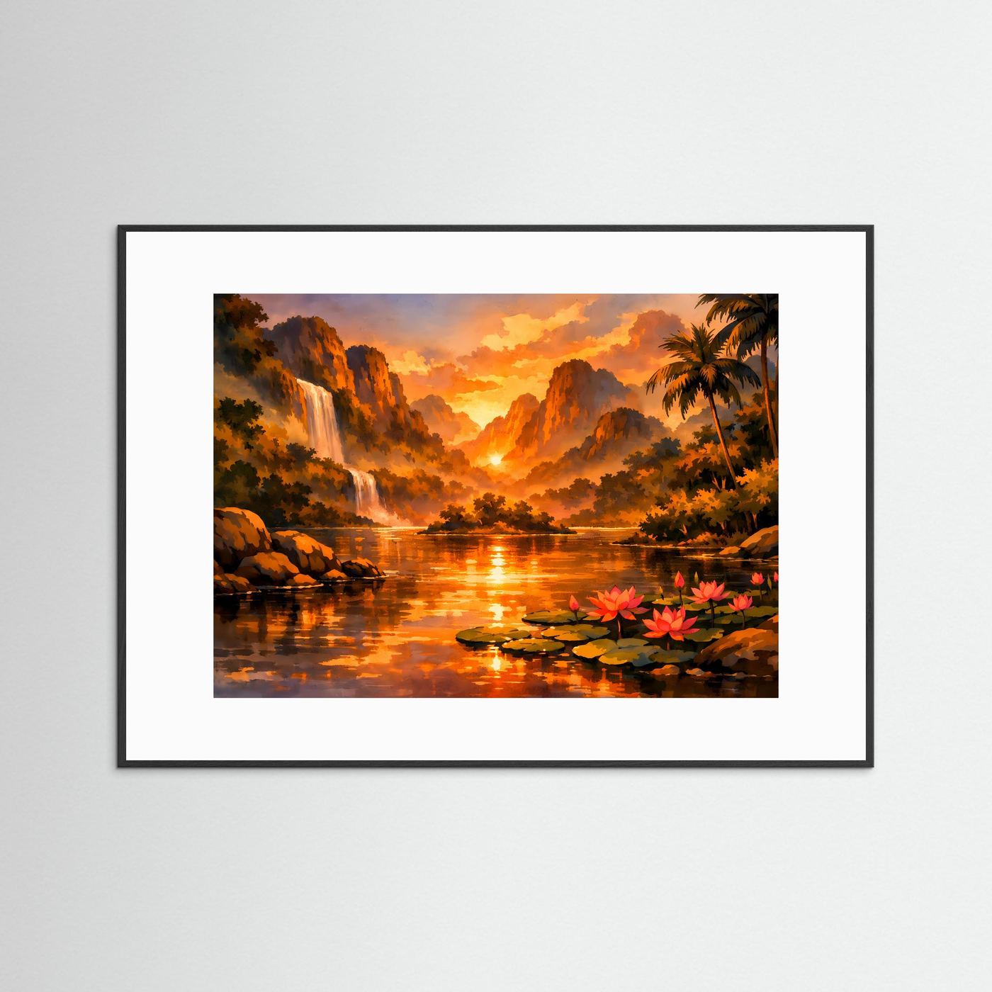 Gerahmtes Querformat-Poster mit schwarzem Rahmen: tropischer Fluss, Wasserfall und Seerosen