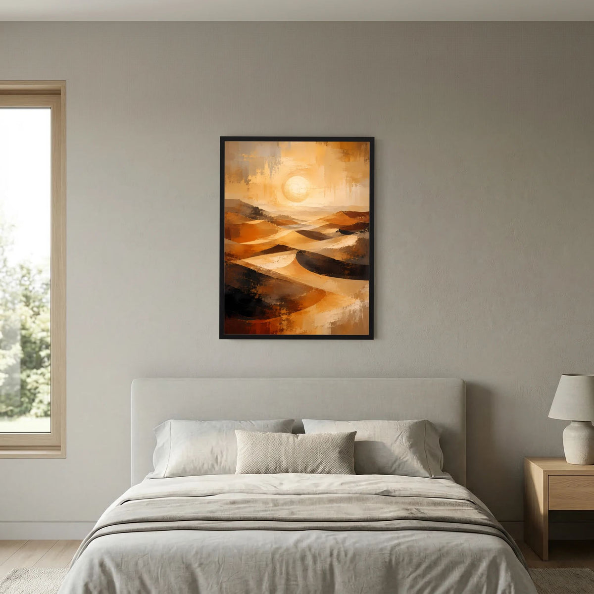 Poster im Hochformat mit abstrakter Wüstenlandschaft in warmem Gold und Orange, runde Sonne