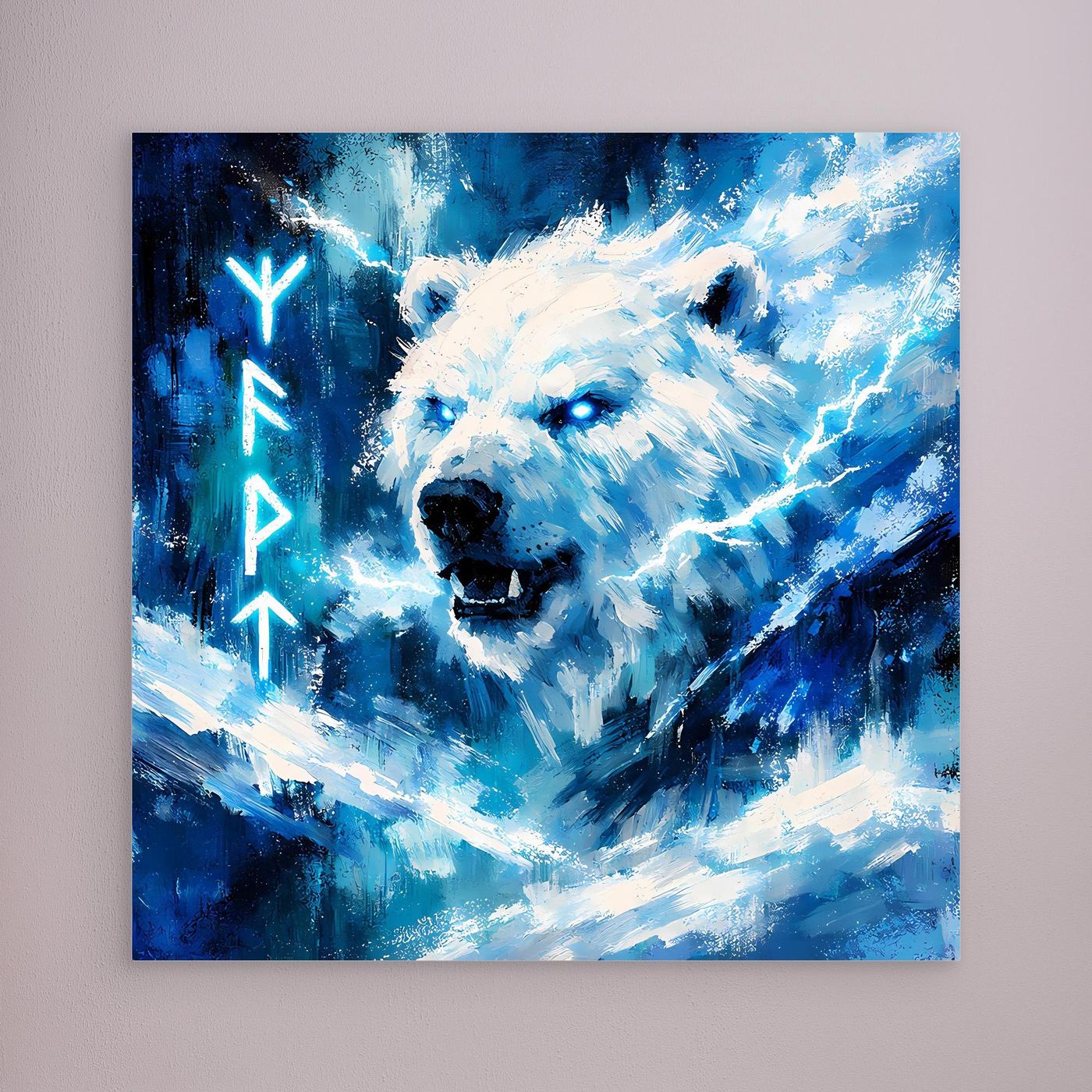 Leinwand-Wandbild: blauer Eisbär mit Runen und abstrakten Lichtstrahlen, ohne Rahmen