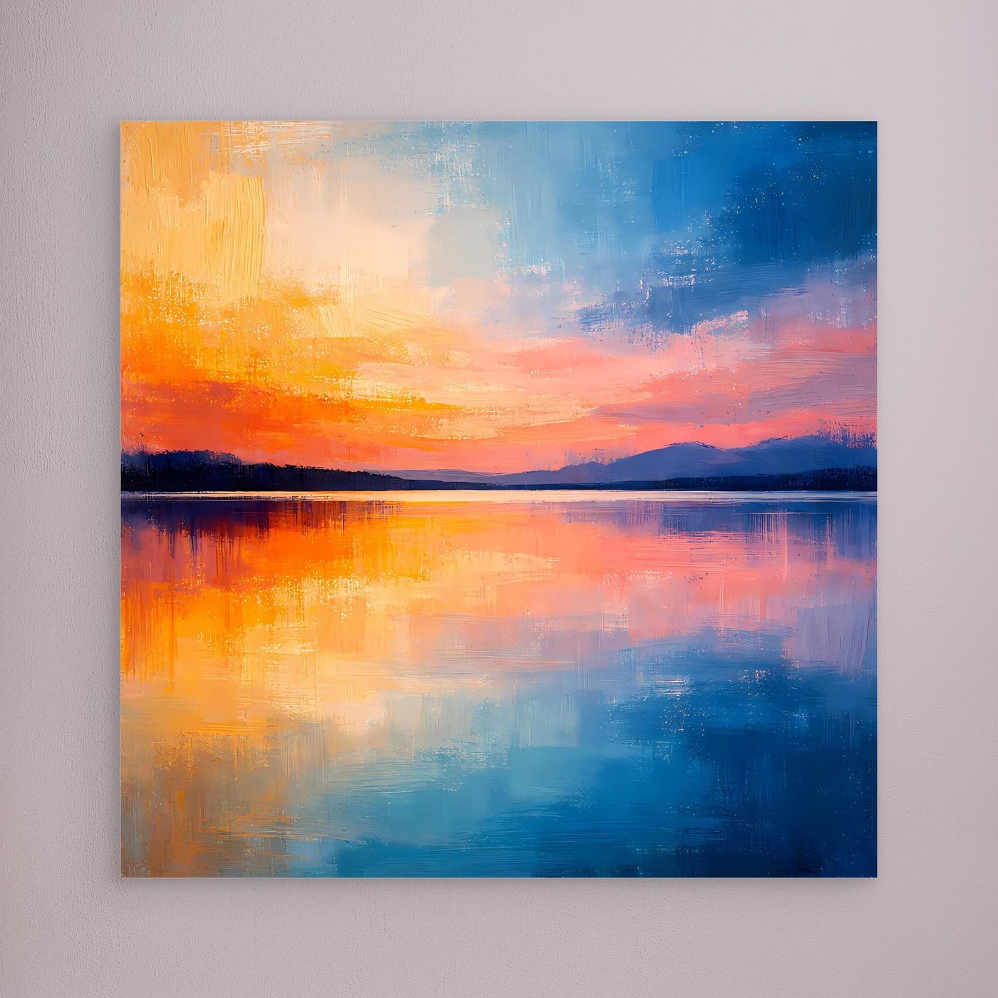 Abstraktes Wandbild: See bei Sonnenuntergang, blau-orange, ohne sichtbaren Rahmen