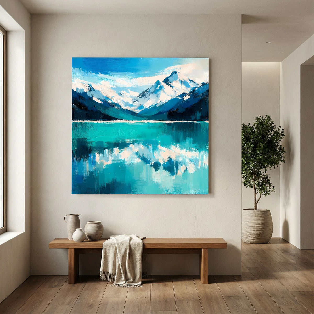 Leinwand Abstraktes Bergsee Gemälde | Modernes Alpines Wandbild Türkis Blau