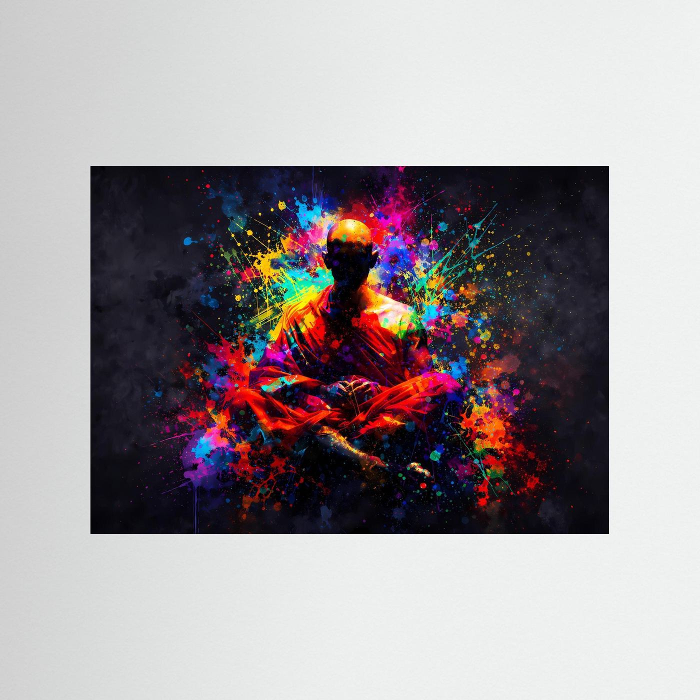 Kunstposter mit meditierendem Buddha im Farb-Sprühfeuerwerk, querformat