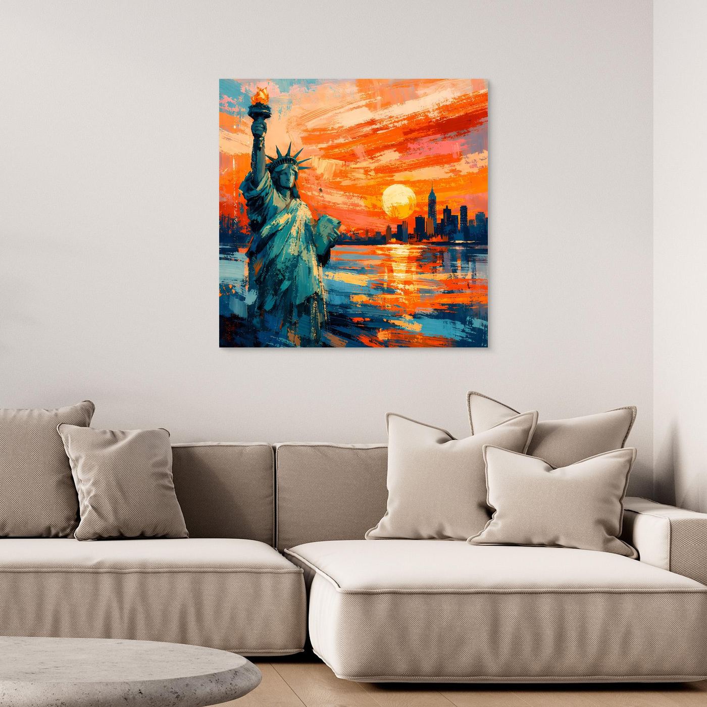 Abstraktes Leinwand-Wandbild mit Statue der Freiheit und Sonnenuntergangsfarben, ohne Rahmen.
