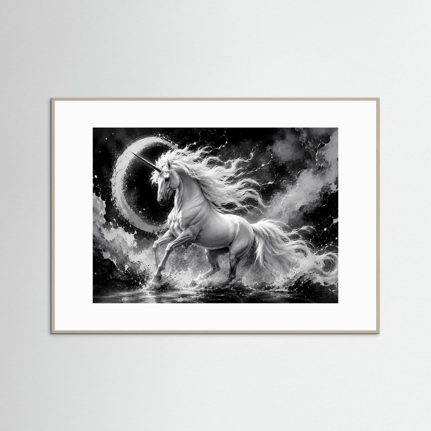 Einhorn Schwarz Weiß Poster Querformat | Mystische Fantasy Wandkunst | Monochrome Elegante Leinwandkunst