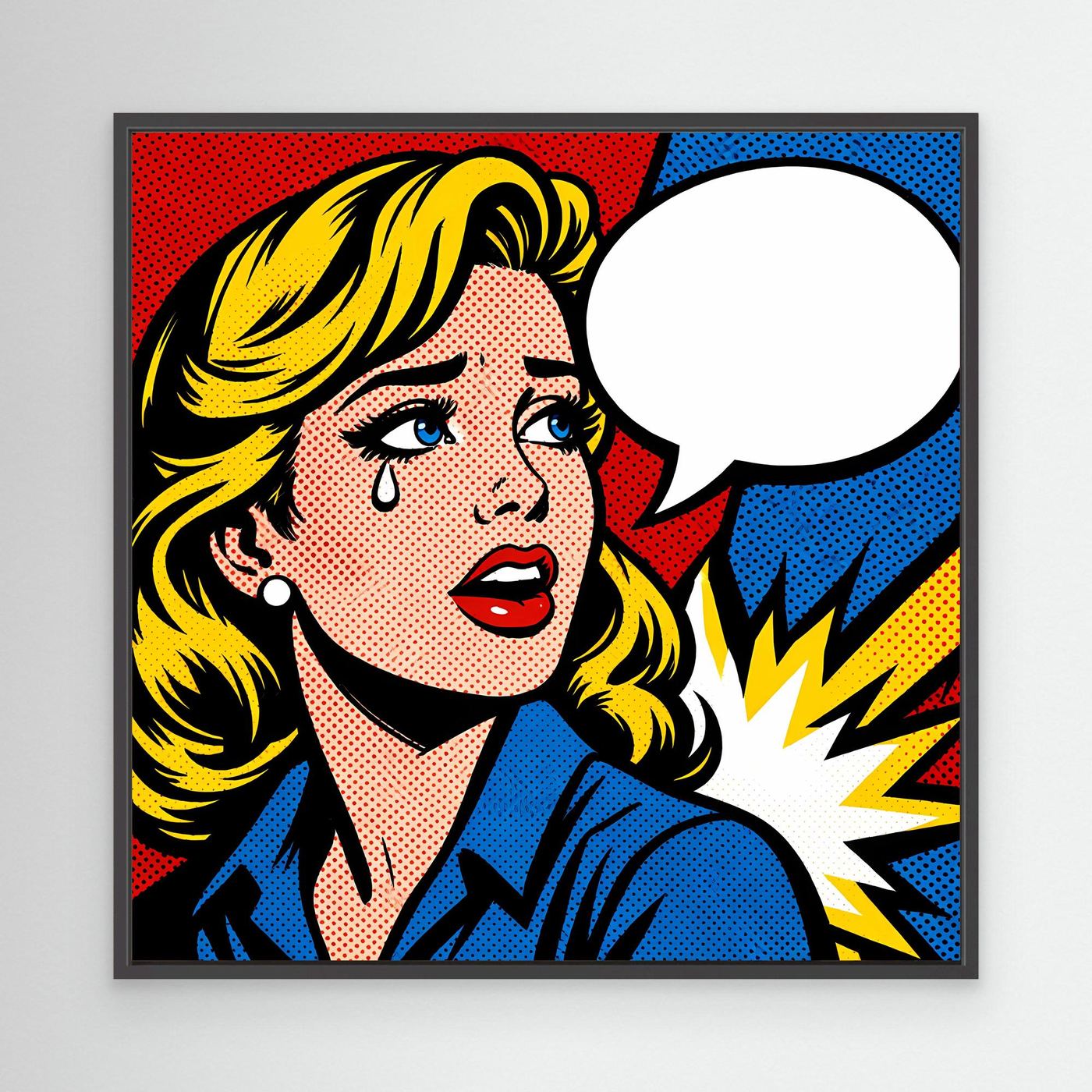 Leinwandbild mit Pop-Art-Frau, blauem Oberteil und Sprechblase, schwarzer Rahmen