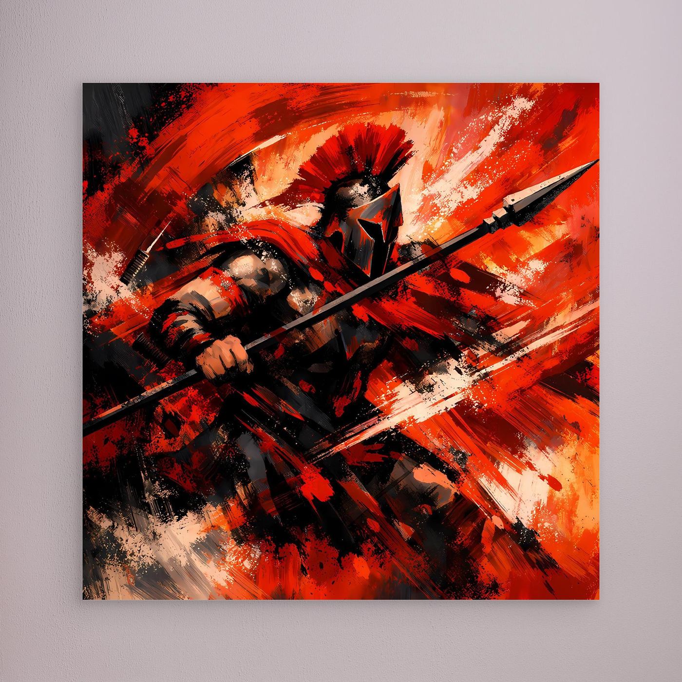 Leinwandbild mit Spartaner-Krieger in Rot/Orange und Speer, abstrakte Pinselstriche