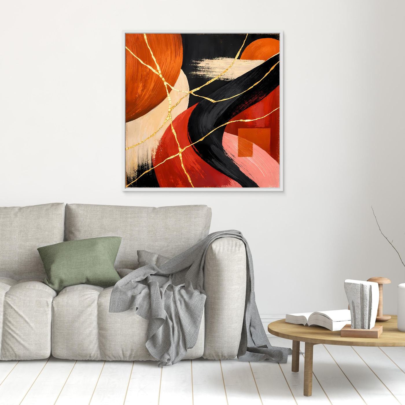 Abstraktes Leinwand-Wandbild mit Goldaderlinien, rot-schwarz-orange Wellen, weißer Rahmen
