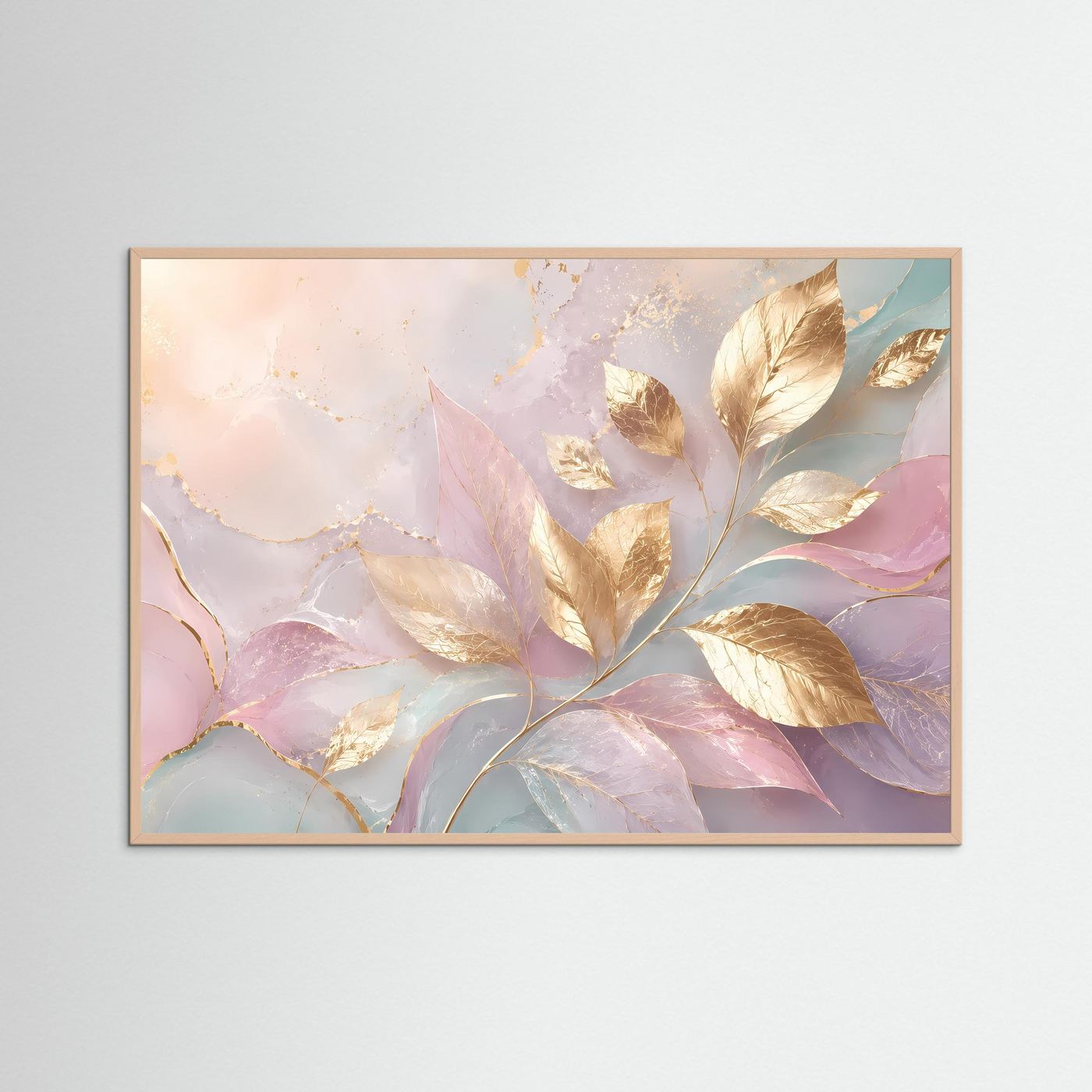 Goldene Blätter Poster | Pastell Wandkunst mit Gold | Elegante Botanische Abstrakte Kunst | Modernes Natur Wandbild