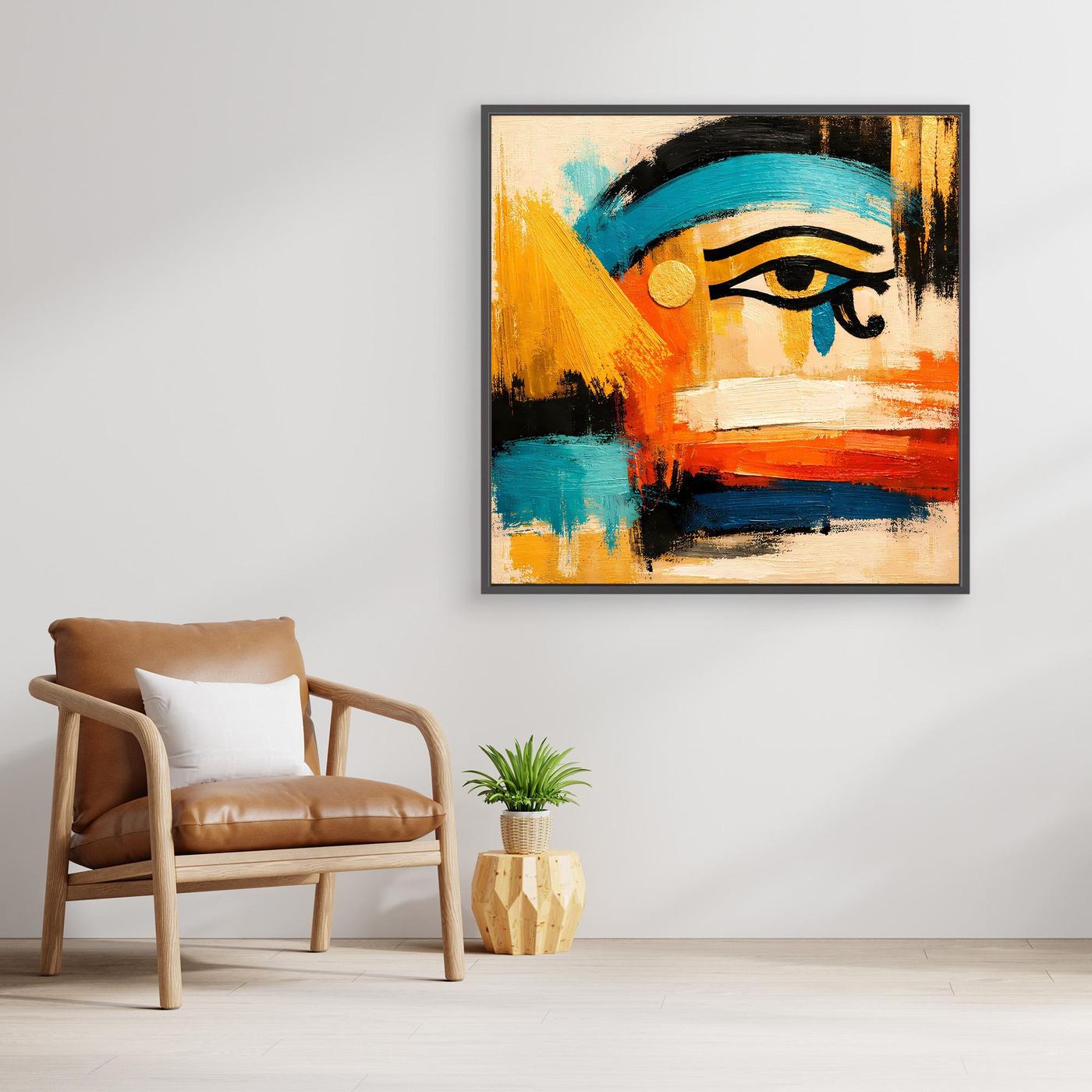 Framed abstract Eye of Horus canvas art with a prominent teal band and orange accents