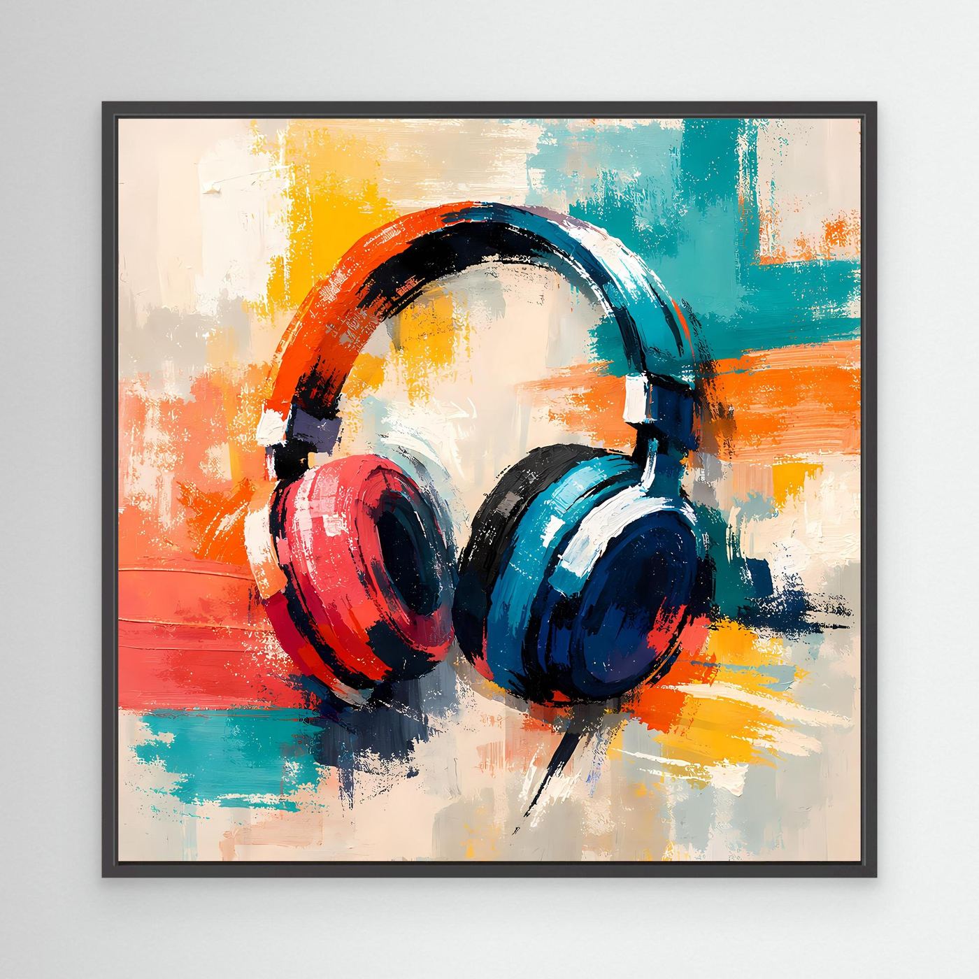 Abstract headphone wall art with black frame; red and teal headphone paint strokes