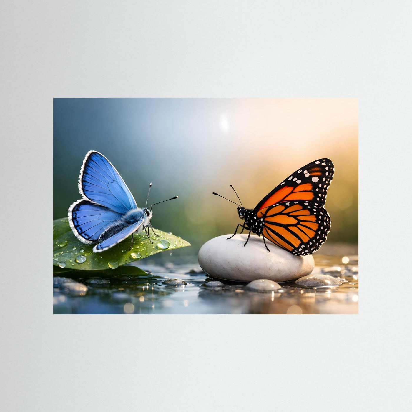 Naturposter Querformat mit blauen und orangefarbenen Schmetterlingen auf Steinen