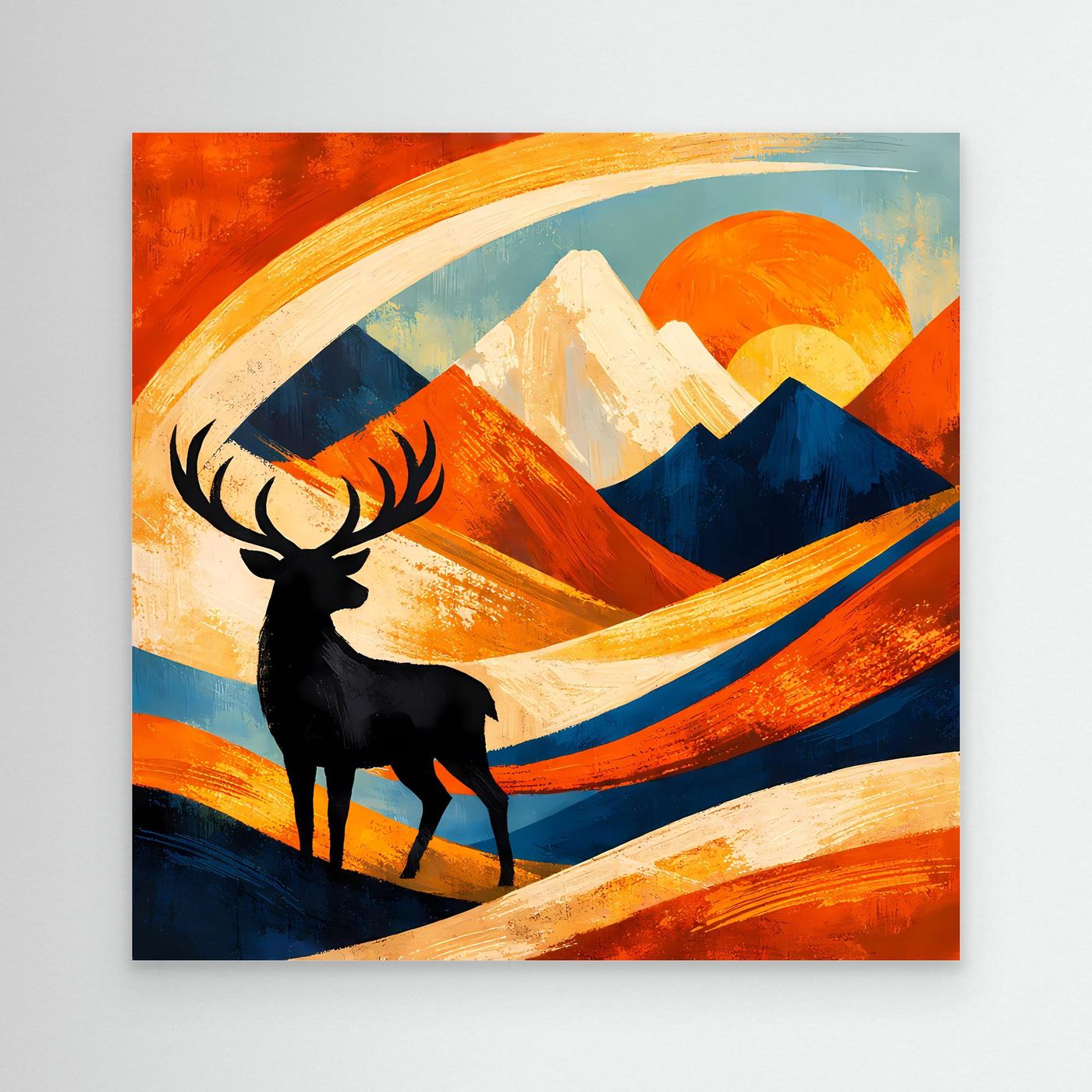 Abstraktes Leinwand-Wandbild mit Hirschsilhouette vor Bergen und Sonne, bunte Pinselstriche