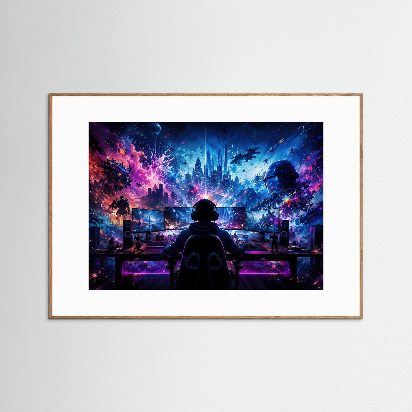 Gaming World Neon Blau & Pink | Futuristische Gamer Wandkunst