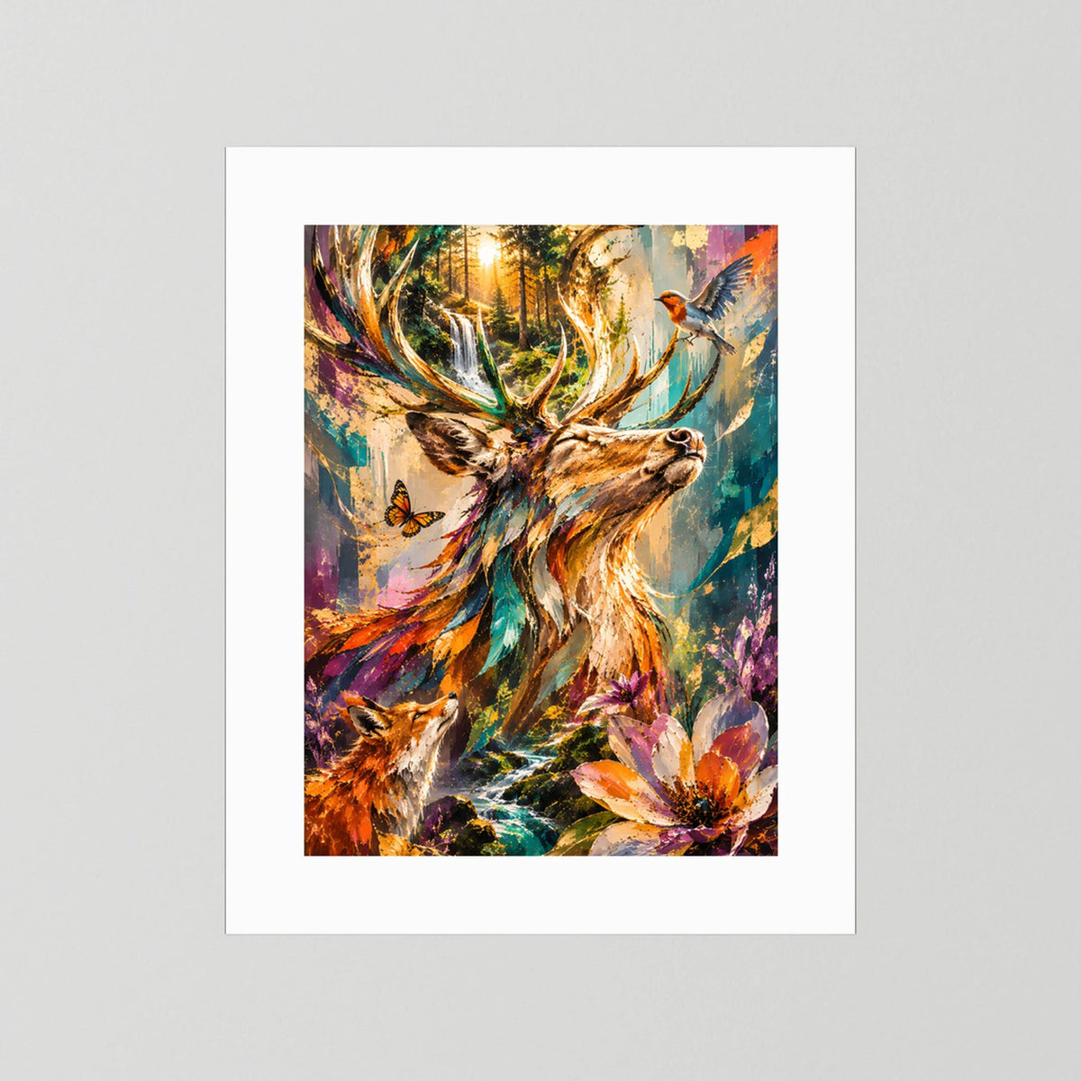 Poster im Hochformat mit Hirsch, Vogel und Blumen, weiß hinterlegt
