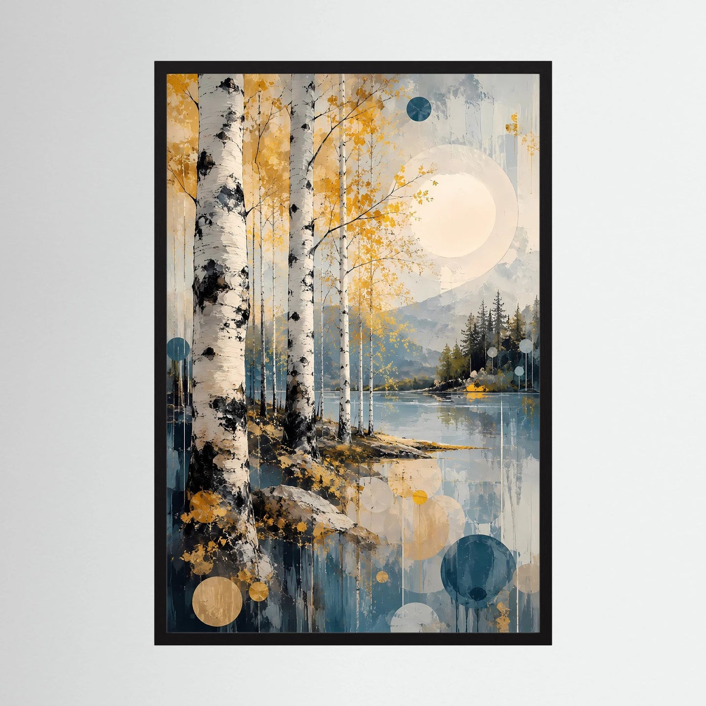 Hochformatiges Poster mit abstrakter Waldlandschaft in Gold und Blau, schwarzer Rahmen