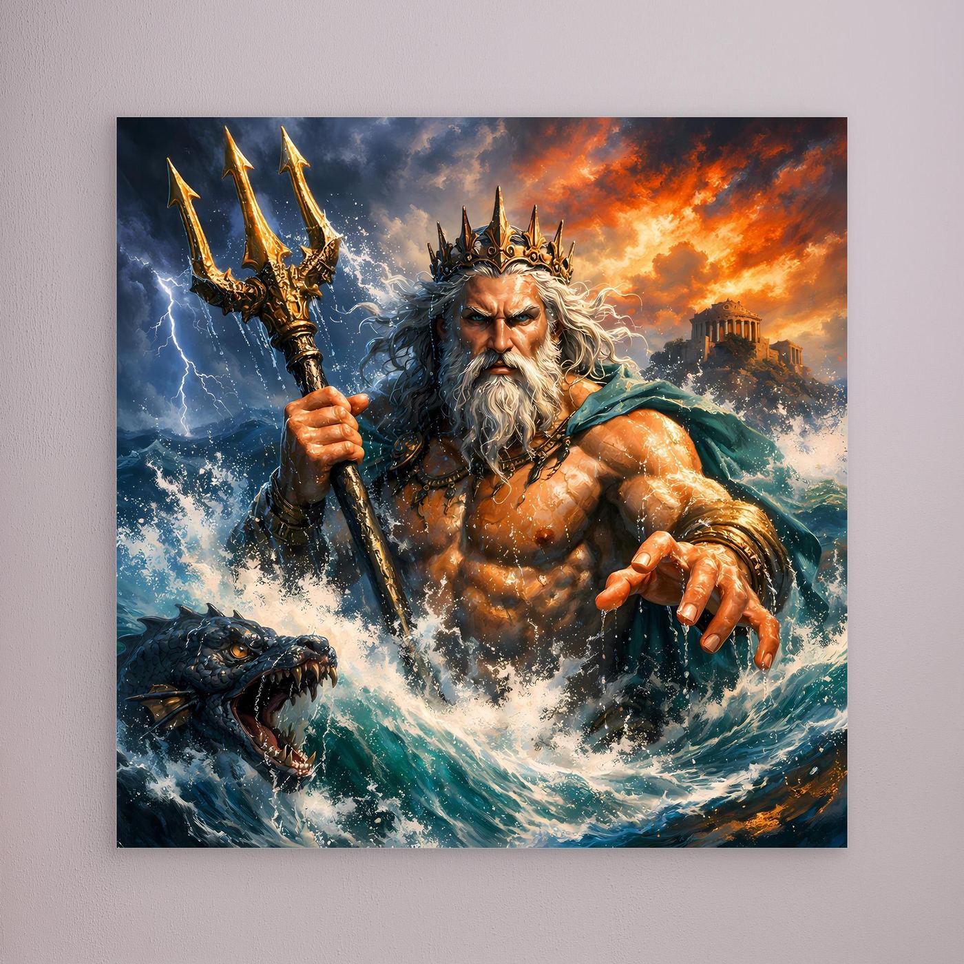 Leinwand Monumentaler Poseidon im Wellenrausch | Mythisches Meeresgott Wandbild
